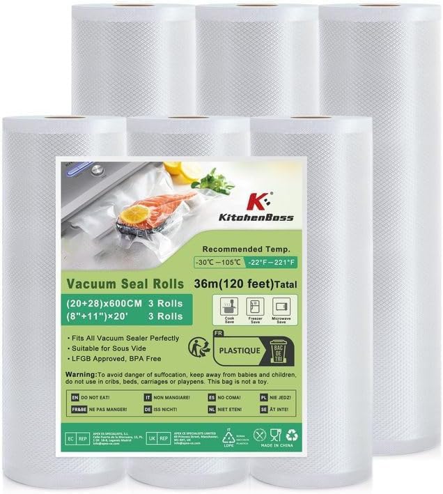 KitchenBoss Vacuum Sealer Bags Rolls - 6 Pack (3 Rolls 8