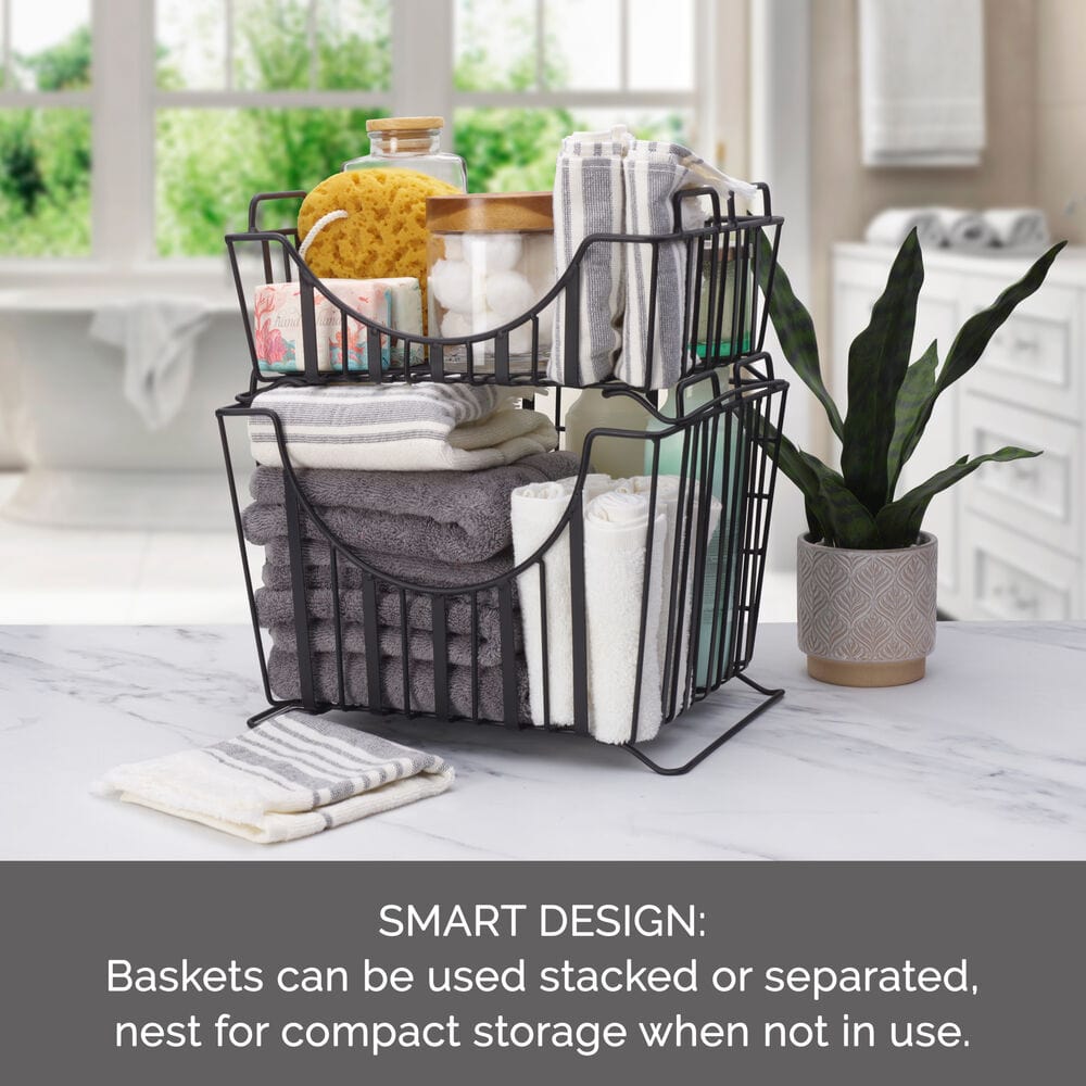 Stackable Storage Baskets Set of 2 - Band & Stripe Design for Home Organization - Perfect for Bedroom, Bathroom, and Office Storage