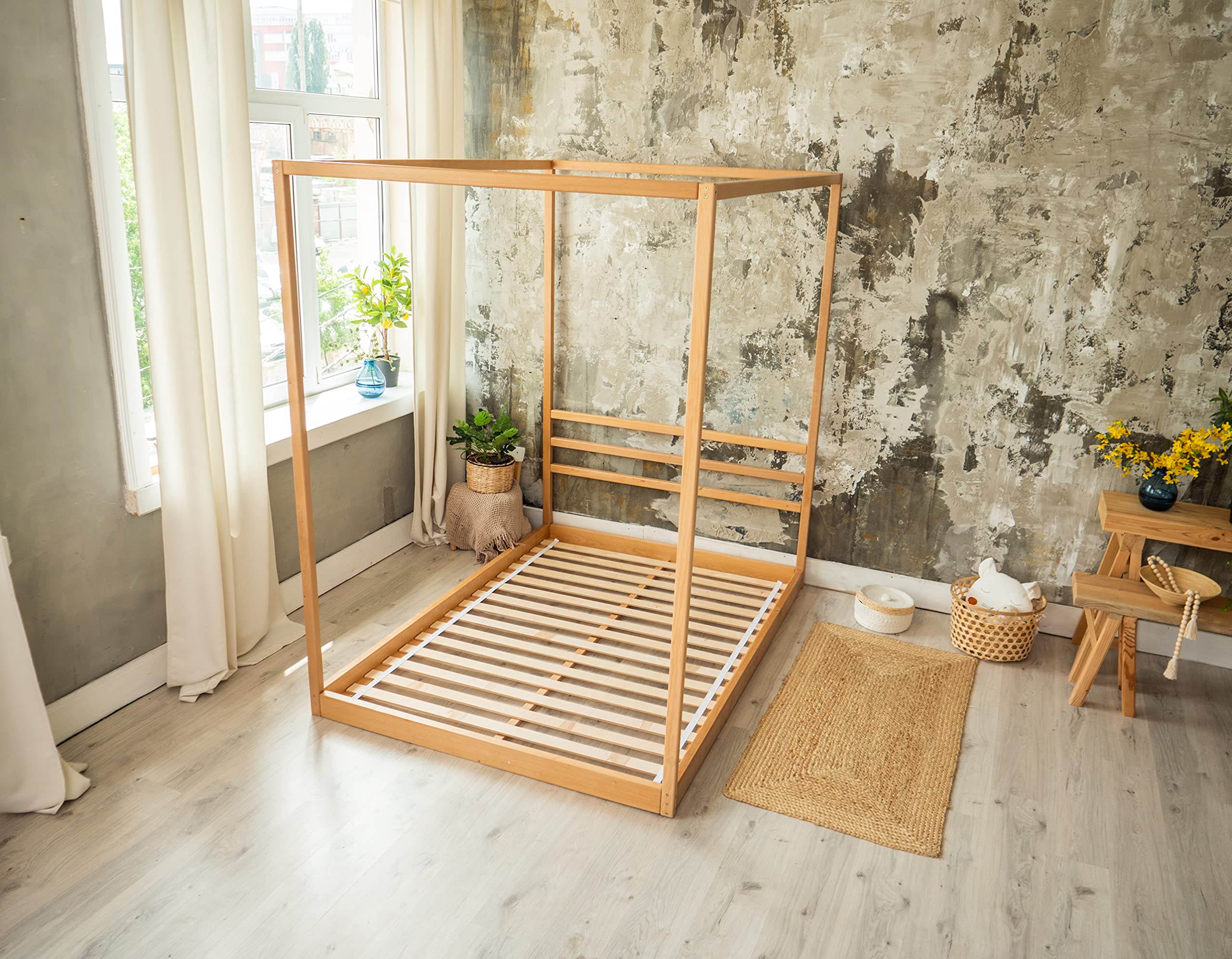 BUSYWOOD Canopy Platform Bed - Twin/Full/Queen Montessori Floor Bed Frame with Slats - Toddler & Kids Bed for Montessori & Waldorf Style Rooms - Perfect for Daytime Naps & Nighttime Sleep