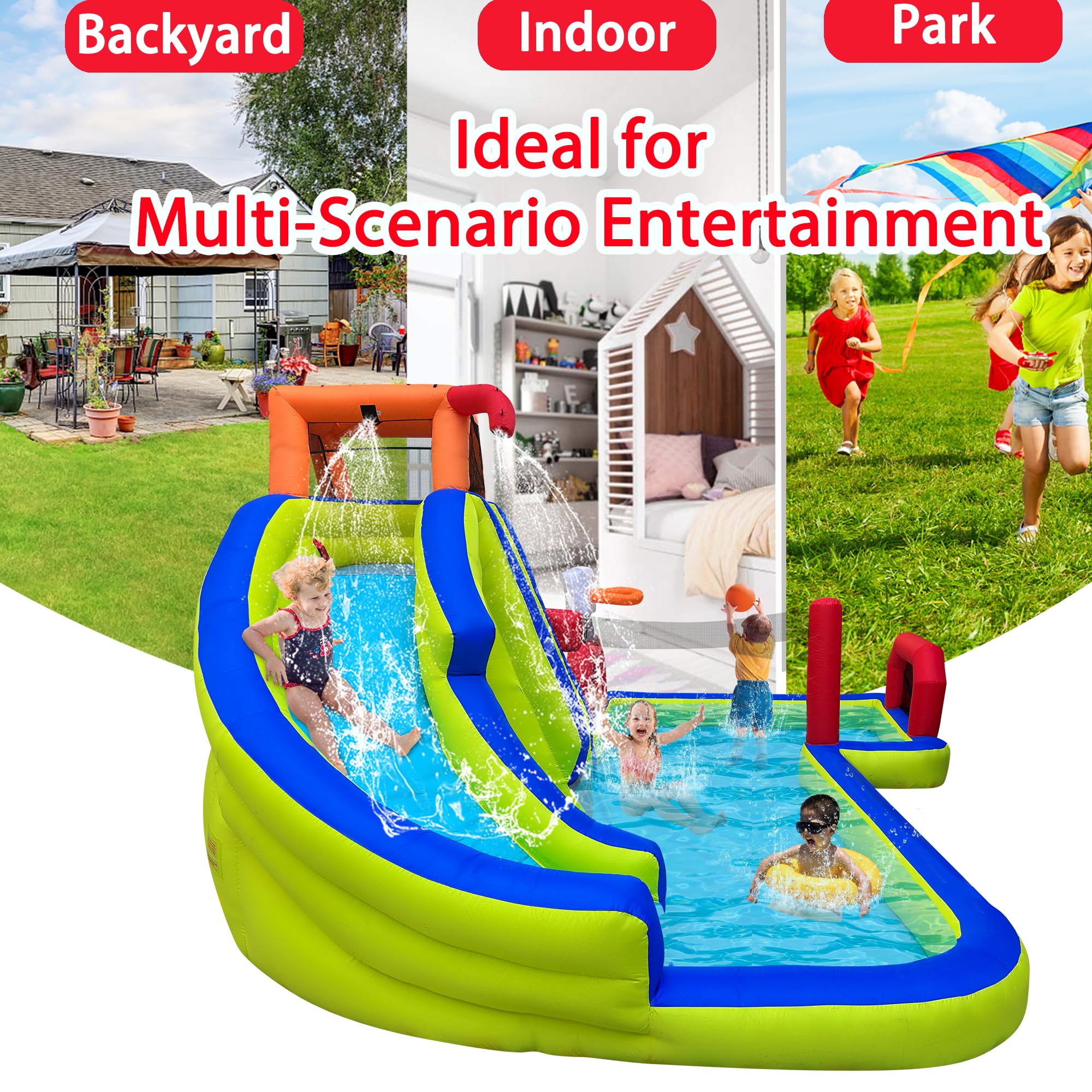 **RETRO JUMP Inflatable Water Slide - 8-in-1 Kids Water Park Bounce House with Slide, Splash Pool, Climbing Wall, Basketball Rim, Soccer Field & Volleyball Area - Includes Blower - Perfect for Backyard, Summer Parties & Outdoor Fun**
