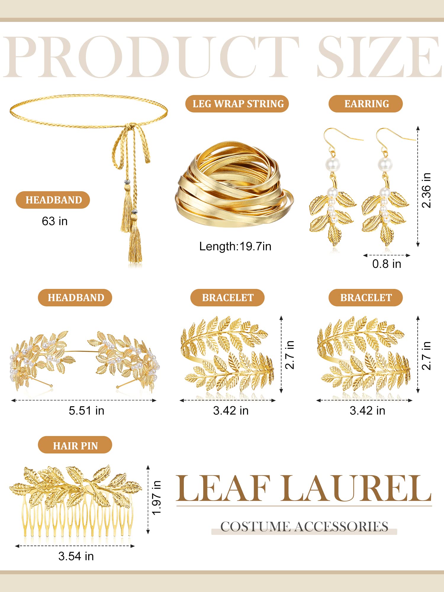 Greek Goddess Costume Accessories Set - 8PCS Leaf Crown Headband, Arm Cuffs, Bracelet & Dangle Earrings for Women | Perfect for Halloween, Cosplay, Themed Parties & Greek Mythology Events