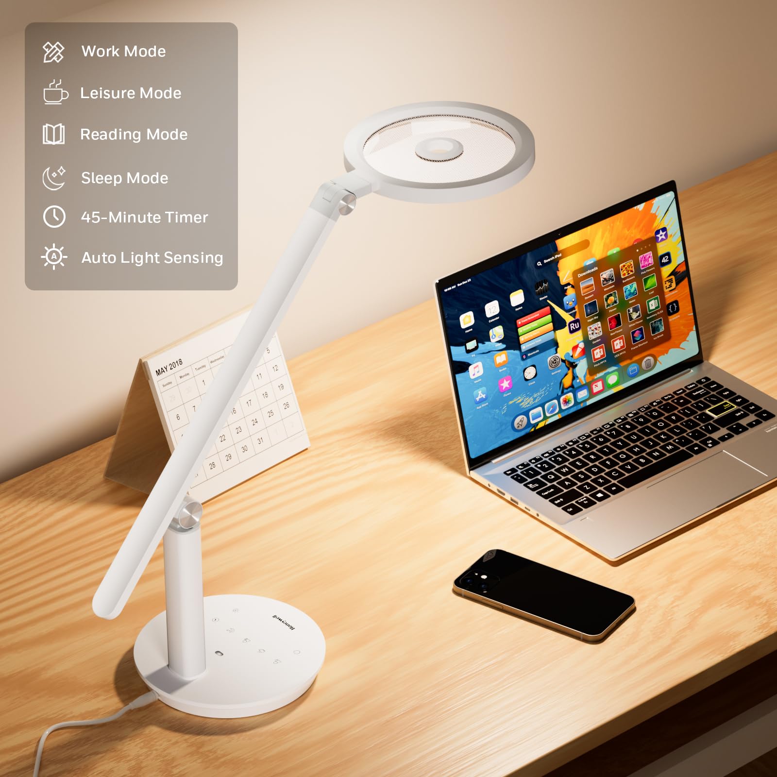 HONEYWELL H6 Sunturalux™ Eye-Caring LED Desk Lamp - 800LM Dimmable Office Light with Timer & Touch Control, Tall Reading Lamp for Home Office, Study, Bedroom, Webcam Lighting - Perfect for Zoom Meetings, Night Reading & Workspace Illumination