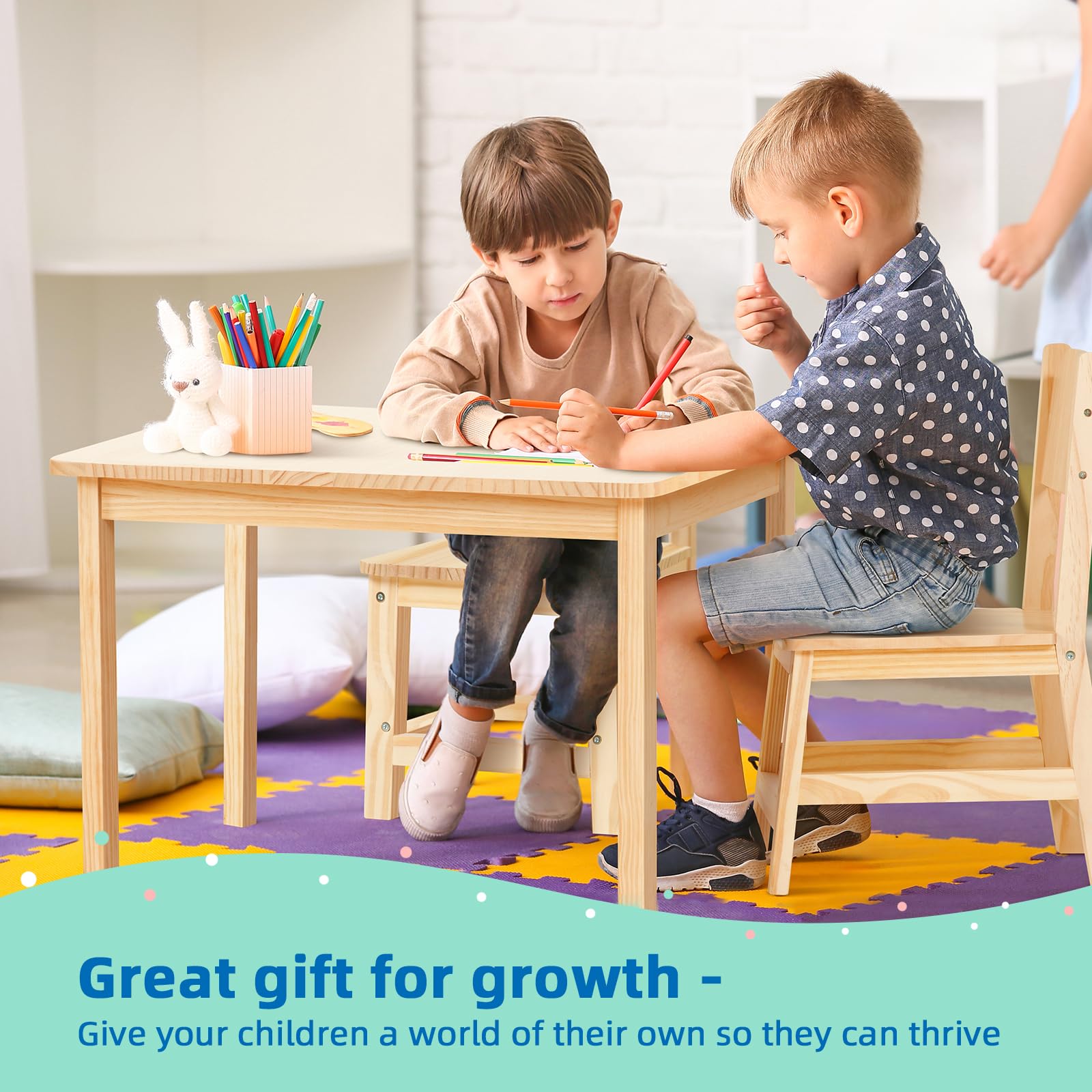 OOOK Solid Wood Kids Table and Chair Set - Sturdy Toddler Table with 2 Chairs for Arts, Crafts, Reading & Learning - Perfect for Preschool, Kindergarten, Playroom & Homeschool Activities