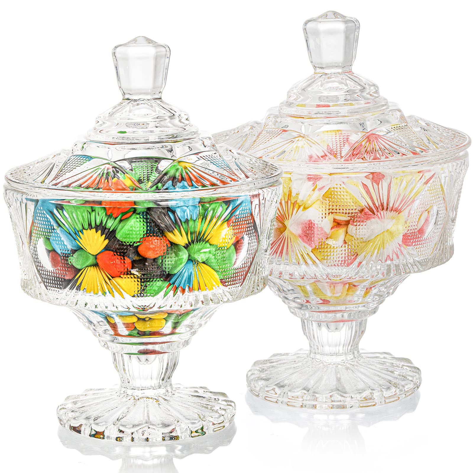 Frcctre 2 Pack 15 Oz Glass Candy Dish with Lid - Crystal Candy Bowl & Cookie Jar, Decorative Apothecary Jar for Parties, Candy Buffet, Weddings, Christmas - Perfect for Home Decor, Kitchen Storage & Holiday Gift Giving
