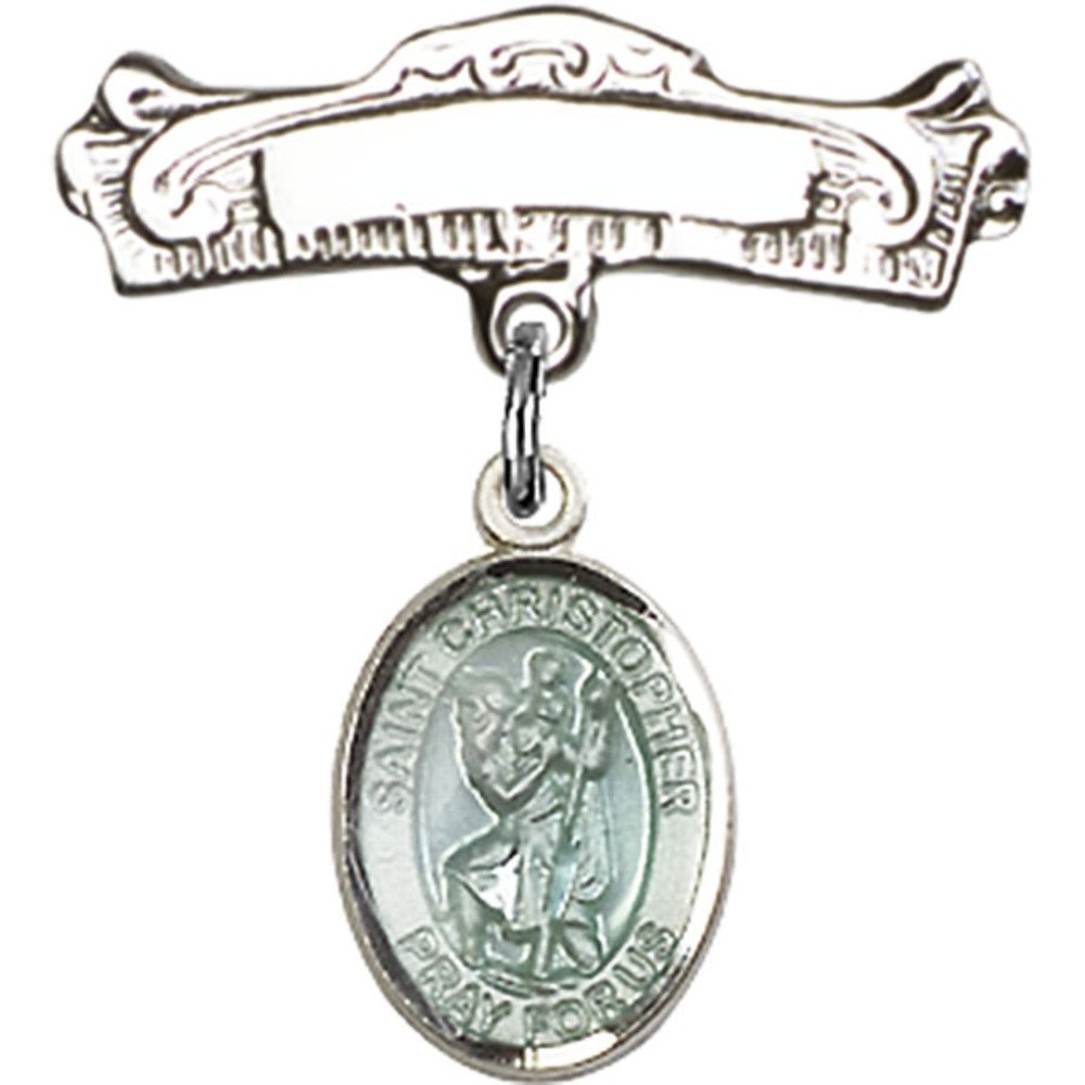 Sterling Silver Baby Badge with Blue St. Christopher Charm - Arched Polished Pin (7/8