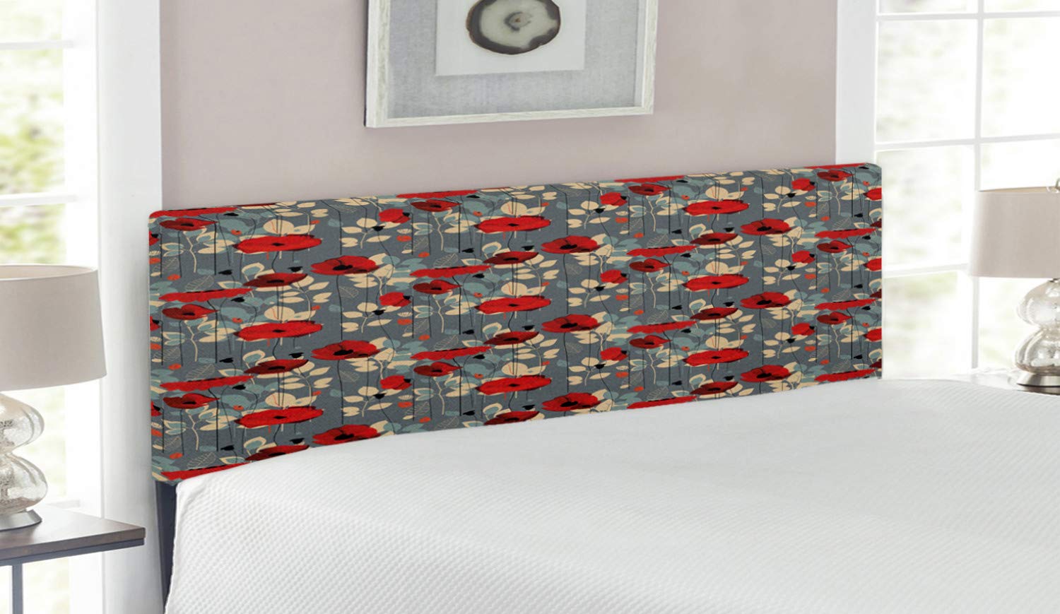 Ambesonne Queen Size Upholstered Metal Bed Headboard with Memory Foam - Modern Poppy Flower & Botanical Garden Design in Grey Red Beige | Perfect for Bedroom Decor, Guest Rooms & Nature-Inspired Home Interiors