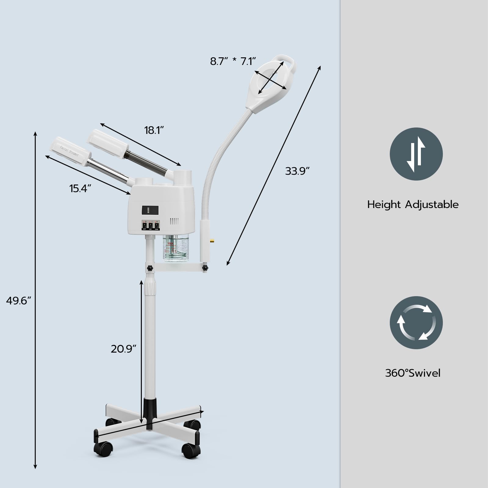 Professional 3-in-1 Facial Steamer with 5X LED Magnifying Lamp - Hot & Cold Mist for Estheticians - Portable Wheeled Design for Spa & Salon Use - Perfect for Deep Cleansing, Hydration & Skin Treatments