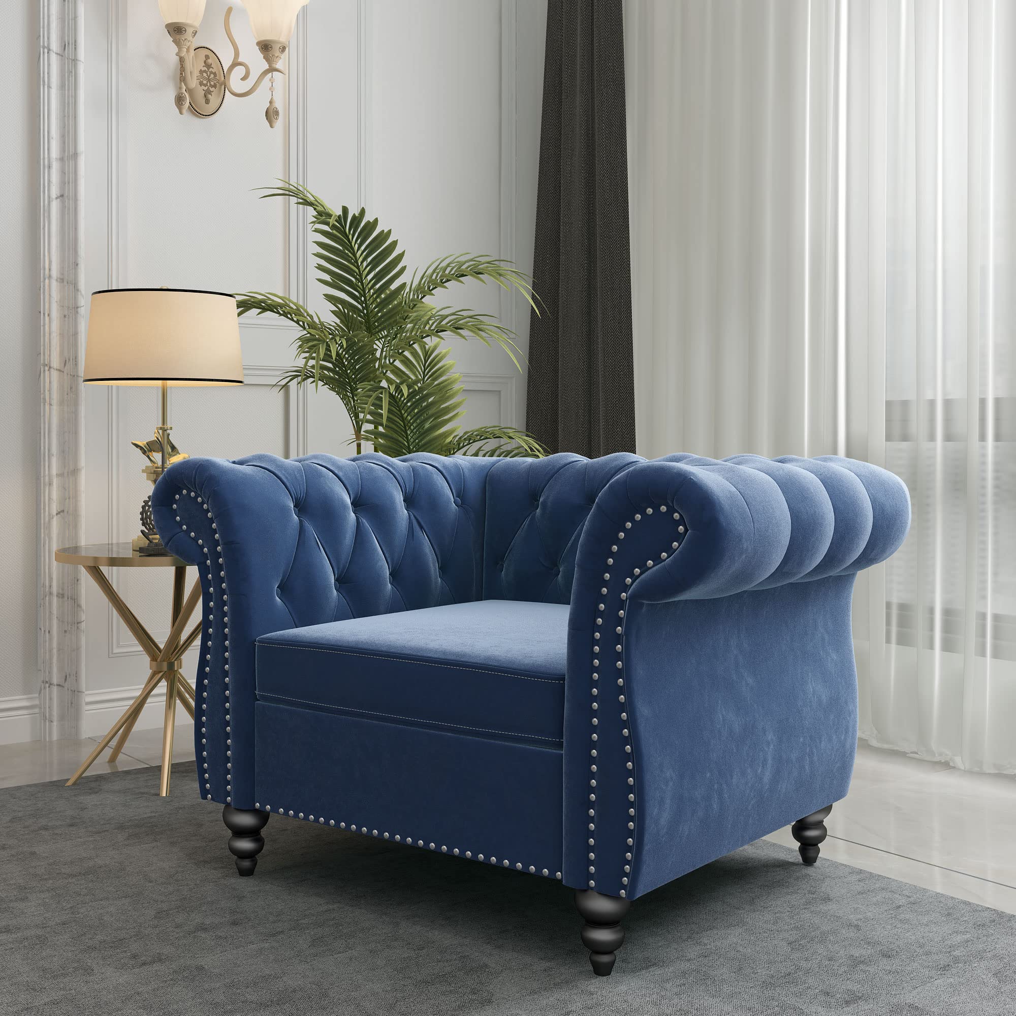 RARZOE Contemporary Velvet Chesterfield Chair - Blue Tufted Club Chair with Scrolled Arms & Nailhead Trim - Luxurious Accent Chair for Living Room, Bedroom & Office - Perfect for Home Decor, Reading Nook & Lounge Areas