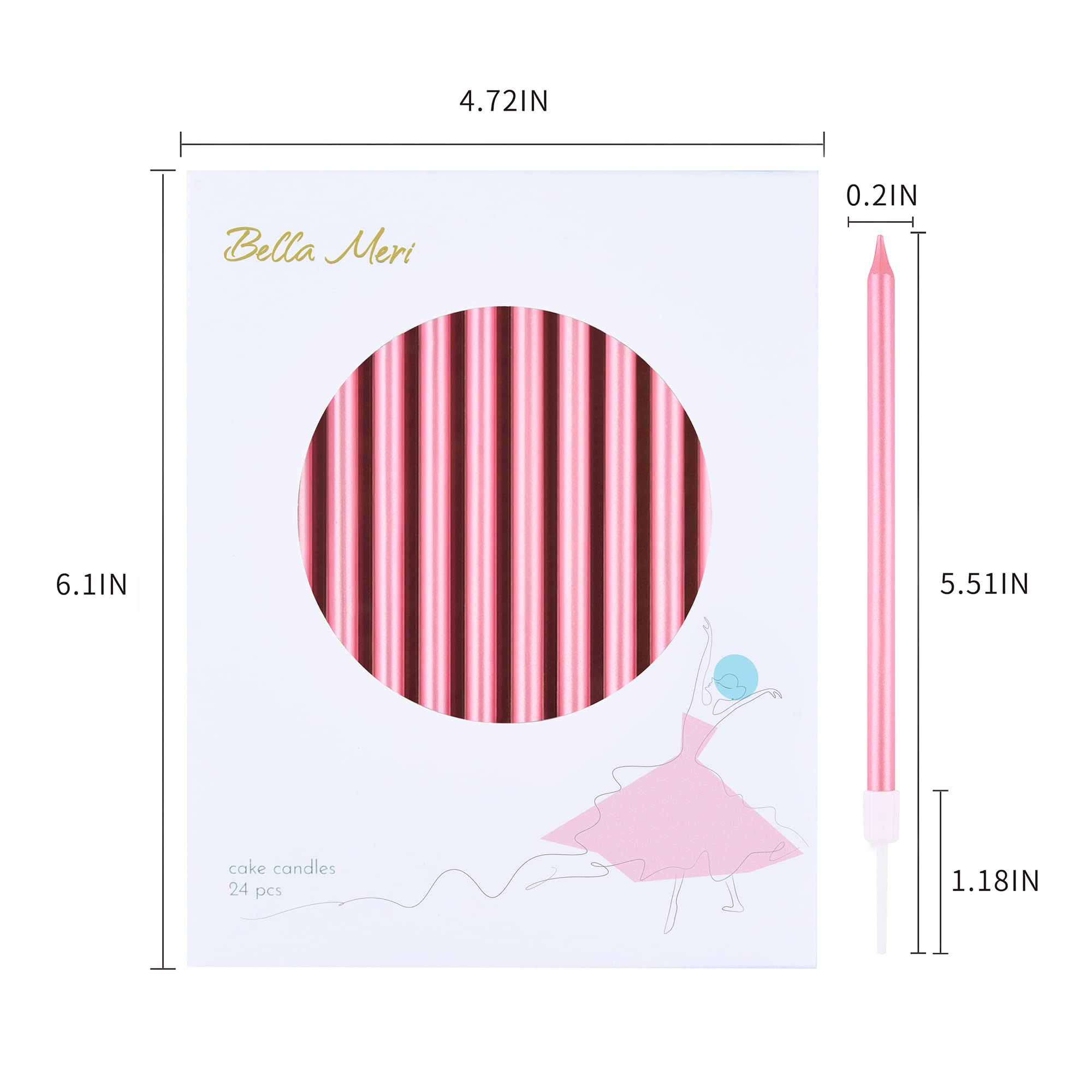 Bella Meri Pink Long Thin Metallic Birthday Candles - Elegant Cake Candles for Birthday Parties, Wedding Decorations & Special Events - Perfect for Cakes, Cupcakes and Dessert Tables