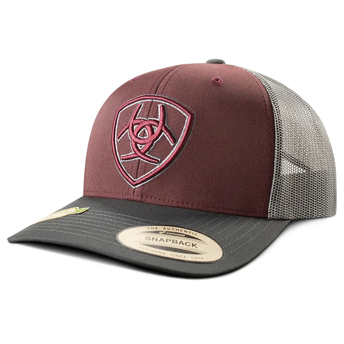ARIAT 3D Embroidered Shield Trucker Cap - Burgundy & Grey Adjustable Baseball Hat for Men & Women - Perfect for Outdoor Activities, Driving, and Casual Wear