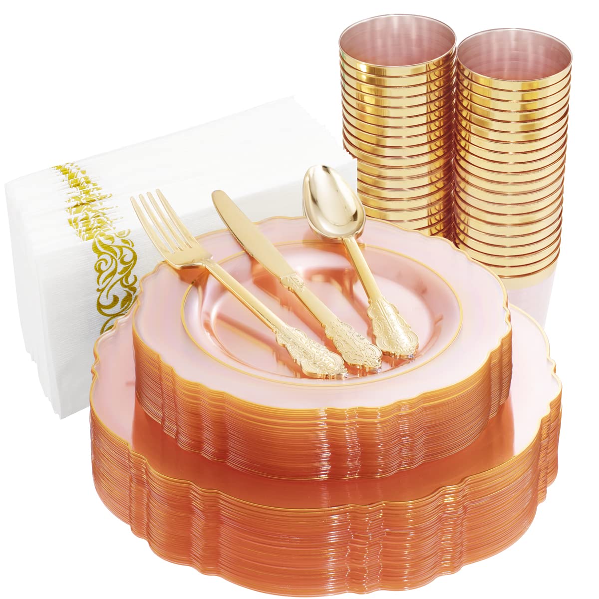 210-Piece Pink Plastic Dinnerware Set with Gold Rim - Disposable Plates, Cups, Silverware & Napkins for Weddings, Parties & Upscale Events - Elegant Baroque-Style Tableware for Bridal Showers, Baby Showers & Formal Gatherings