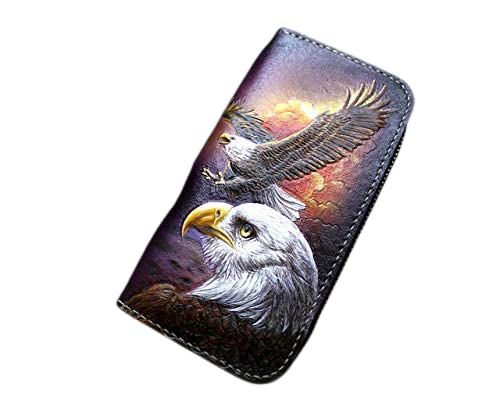 Handcrafted 3D Genuine Leather Men's Wallet - Long Biker Wallet with Eagle Design, Hand-Carved & Hand-Painted Custom Personalized Leather Wallet for Men - Perfect for Motorcycle Enthusiasts & Everyday Use