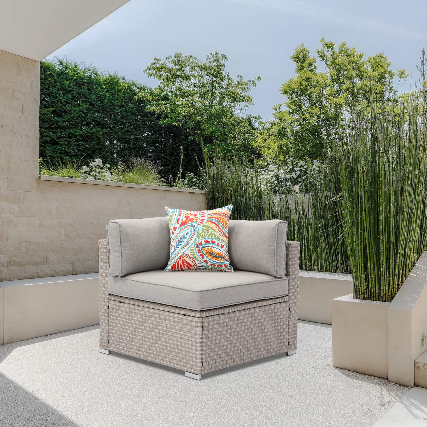 HOMPUS Outdoor Patio Furniture - Right Corner Wicker Chair with Warm Gray Cushions & Pillow - Weather-Resistant Garden, Pool, Backyard Lounge Seating for Relaxation