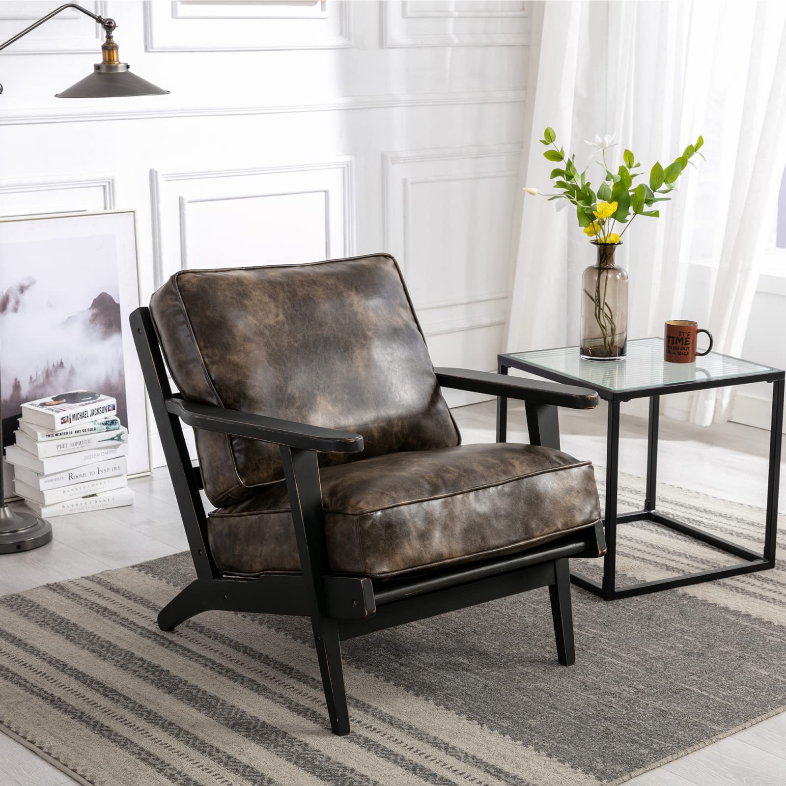 Mid-Century Modern PU Leather Accent Chair - Solid Wood Frame Armchair with Removable Cushion, Comfortable Upholstered Lounge Chair for Living Room, Bedroom, Office - Perfect Reading Chair & Relaxing Recliner for Home Decor