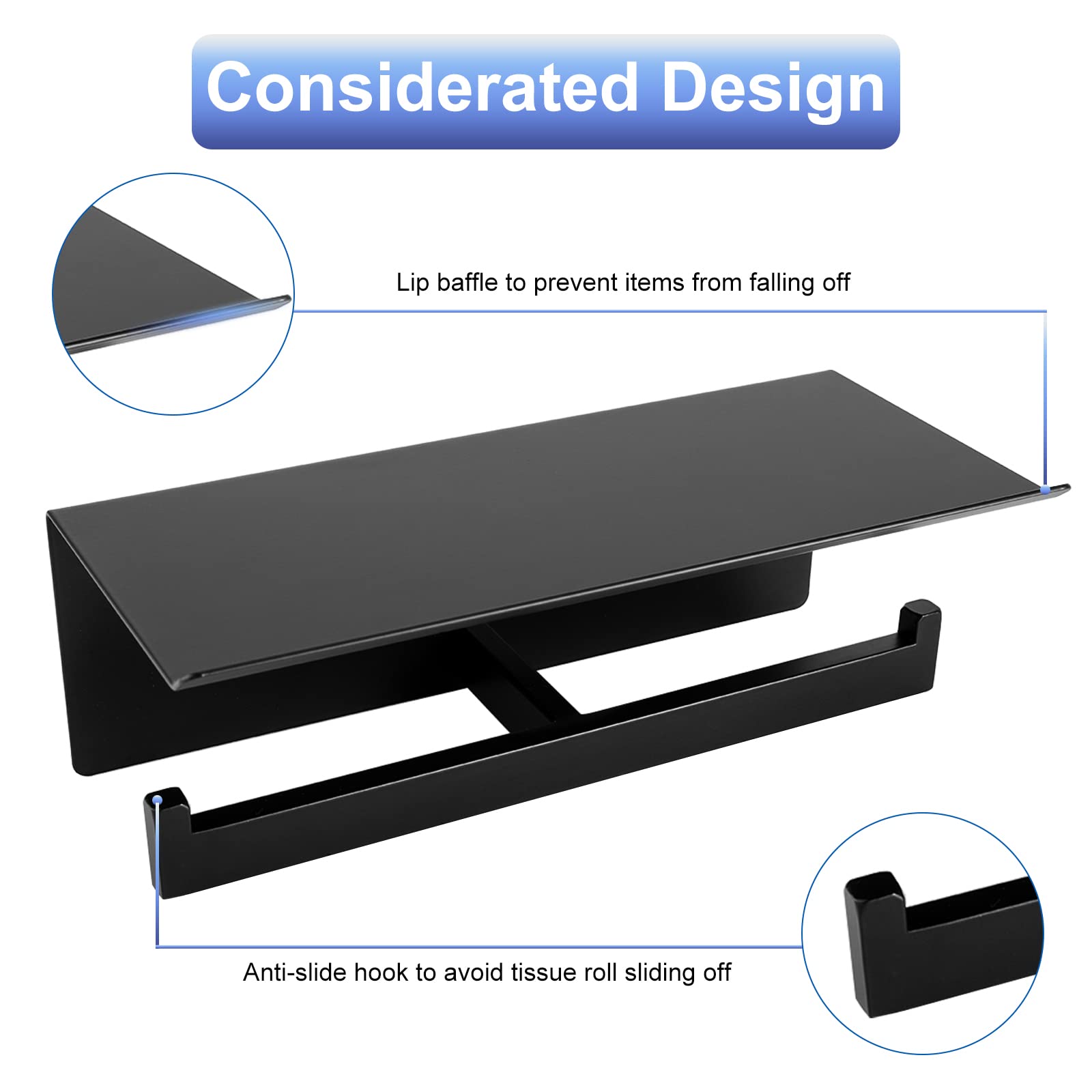 Black Toilet Paper Holder with Shelf - Matte Double Roll Bathroom Tissue Dispenser, Wall Mount SUS 304 Stainless Steel - Perfect for Modern Homes & Luxury Hotels