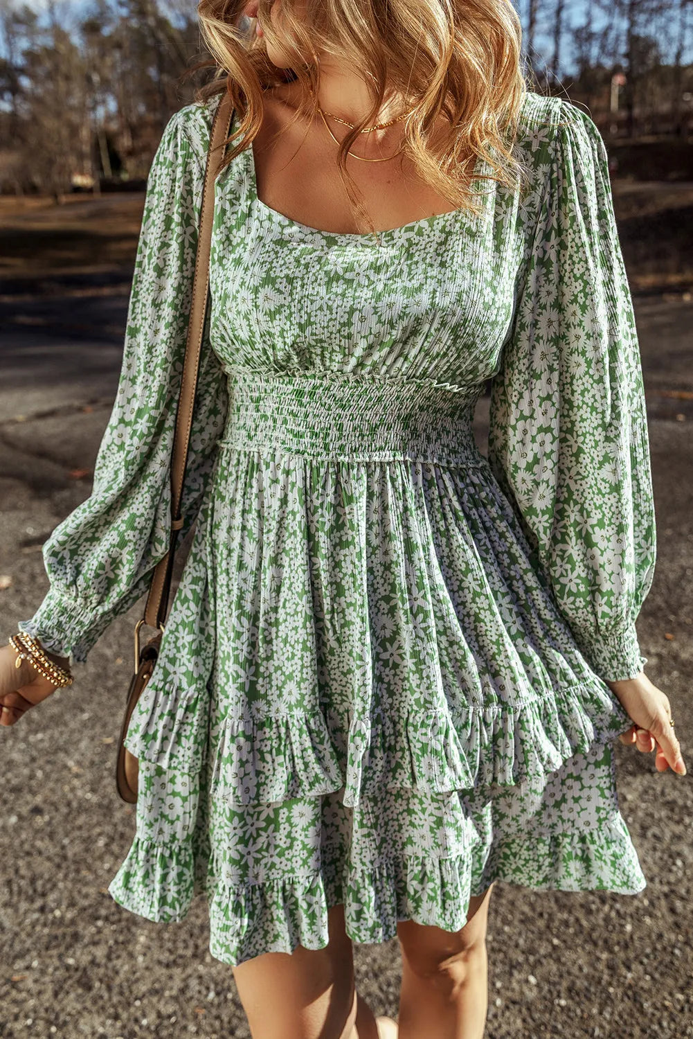 Elegant Floral Print Square Neck Long Sleeve Dress with Ruffle Hem - Perfect for Spring Weddings, Garden Parties & Date Nights