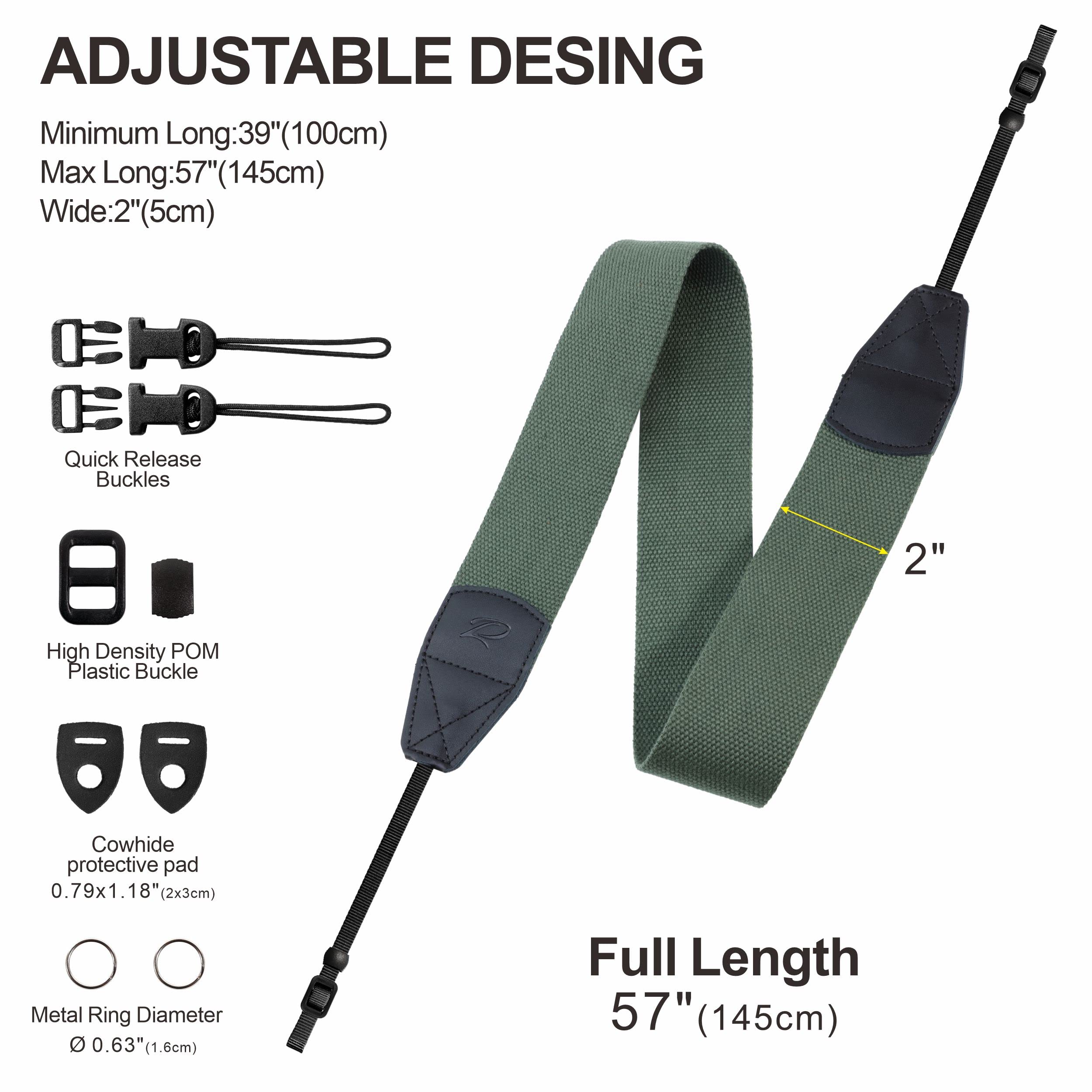 Padwa Lifestyle Dark Green Camera Strap - 2 Inch Wide Cotton Woven Genuine Leather Neck Strap for DSLR/SLR Cameras, Binoculars & Drone Remote Control with 2 Free Quick Release Clips | Perfect for Travel, Photography & Outdoor Adventures