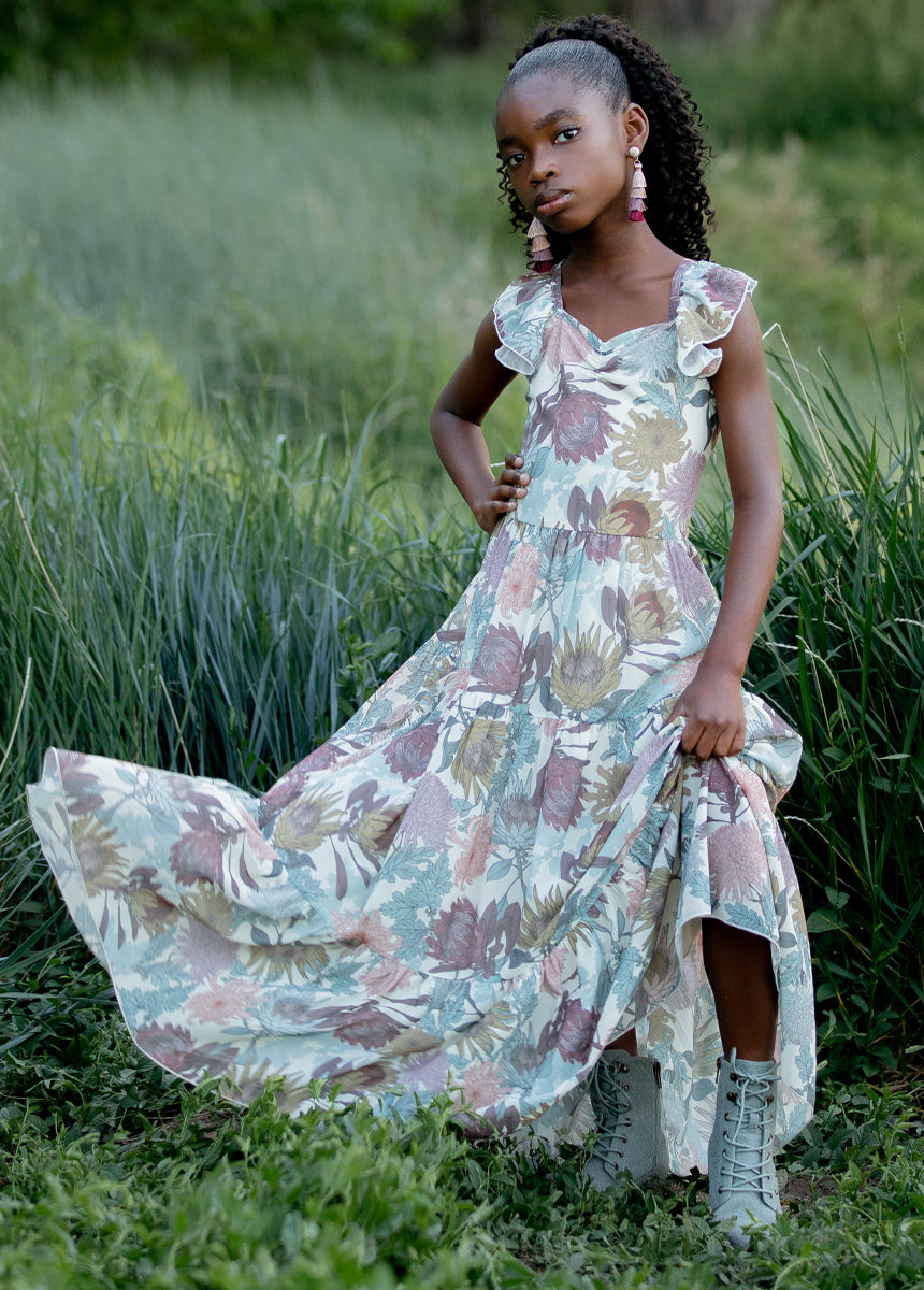 Varvara Floral Print Dress in Ecru - Elegant Summer Maxi Dress for Women, Perfect for Beach Vacations, Garden Parties & Date Nights