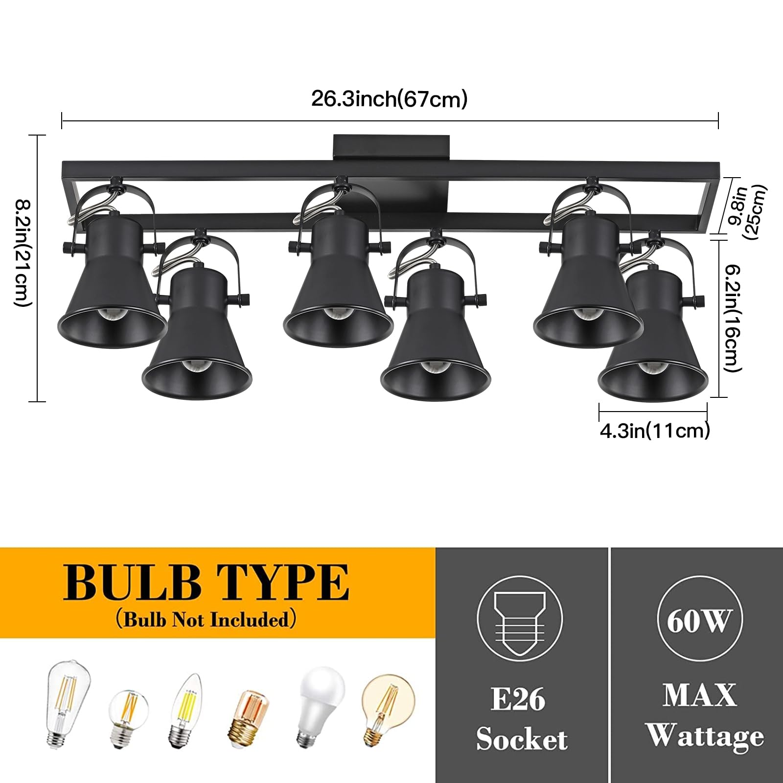 Modern Black 6-Light Track Lighting Fixture with Rotatable Heads - Industrial Ceiling Spotlight for Kitchen, Living Room, Laundry & Entryway | Perfect for Task Lighting, Accent Decor & Modern Home Interiors