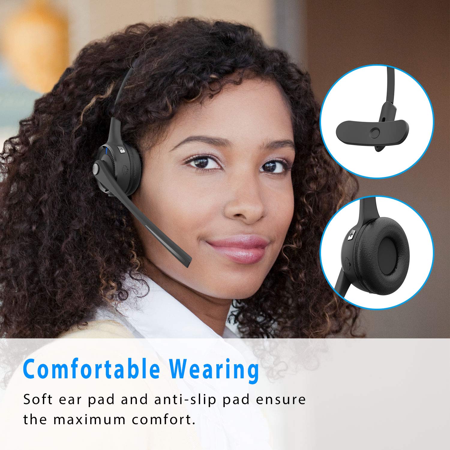 Wireless Bluetooth Headset V5.0 with Noise Cancelling Microphone - Trucker Headset with Charging Base for iPhone & Samsung Phones - Perfect for Driving, Call Centers & Office Work