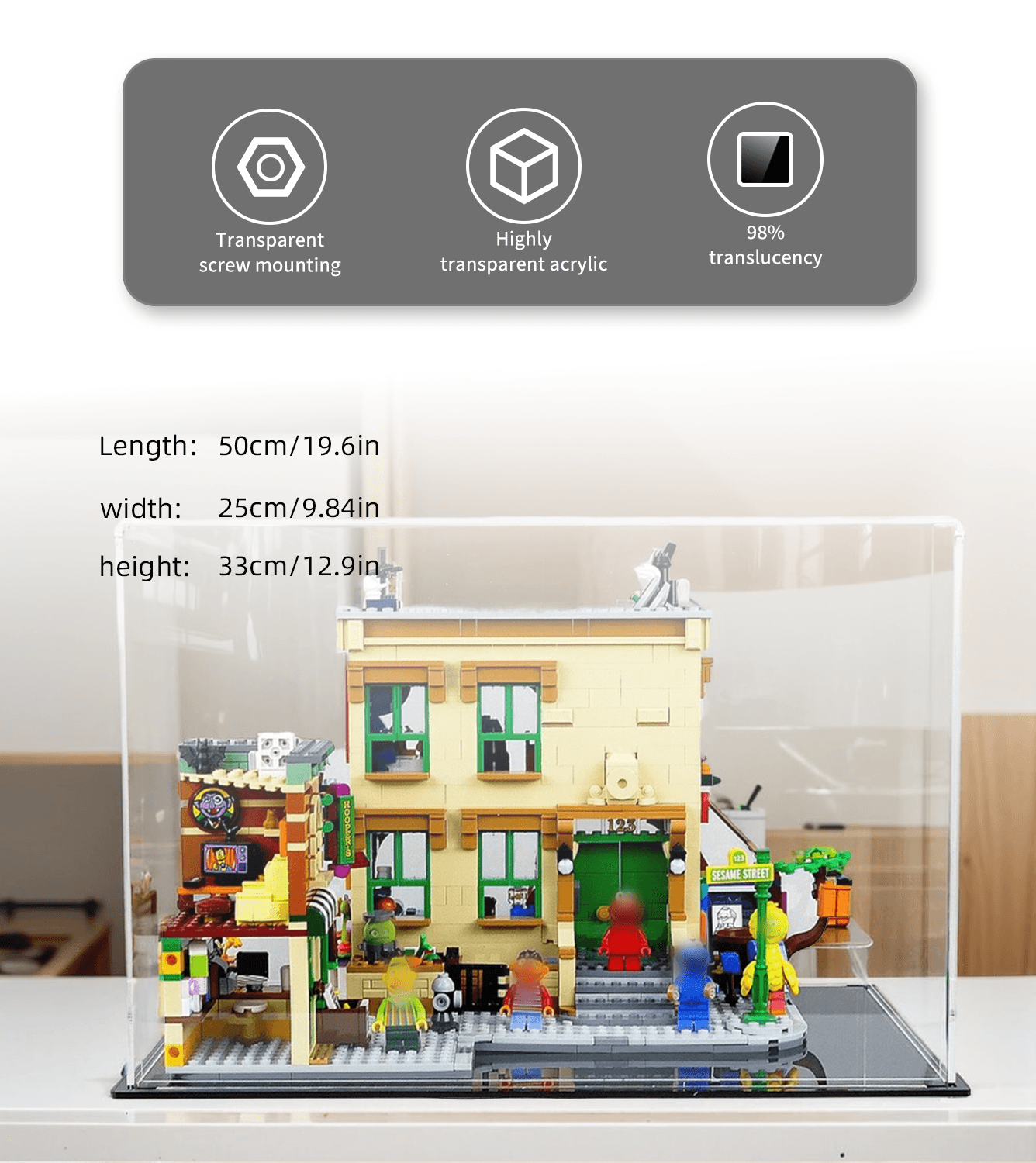 Lego Ideas 123 Sesame Street 21324 Display Case - Premium Acrylic Showcase for Lego Building Blocks - Perfect for Home Decor, Office Display & Collectible Protection