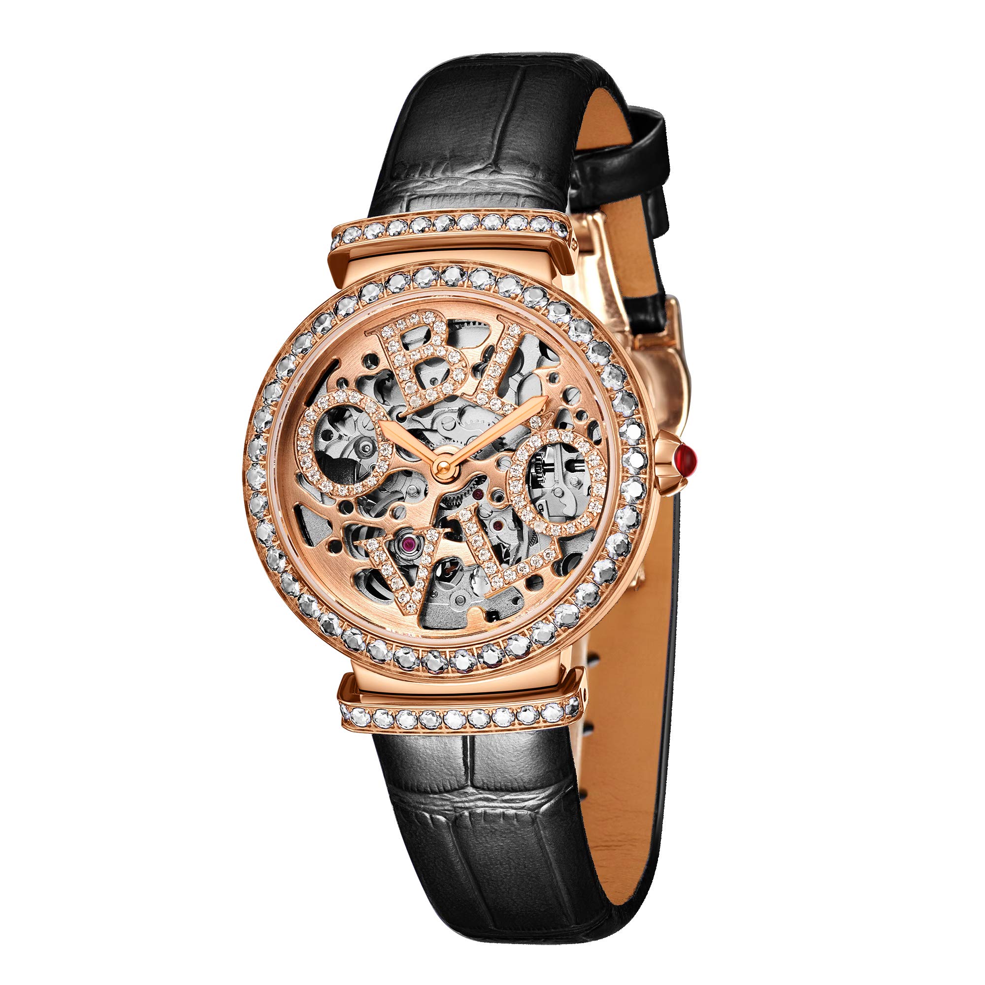 Luxury Women's Rose Gold Automatic Watch with Skeleton Dial - Genuine Leather Strap - Elegant Dress Watch for Business, Party & Special Occasions