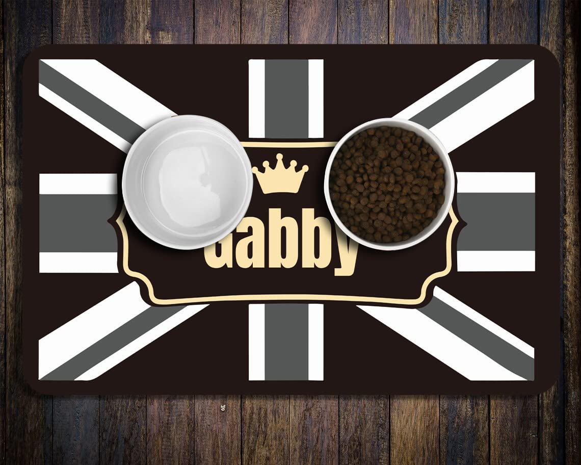 Custom Non-Slip Waterproof Pet Food Mat - Personalized Dog & Cat Feeding Mat with PU Base, Black & Gold Design - Perfect for Kitchen Floors, Feeding Areas & Messy Eaters (England, Size A2)