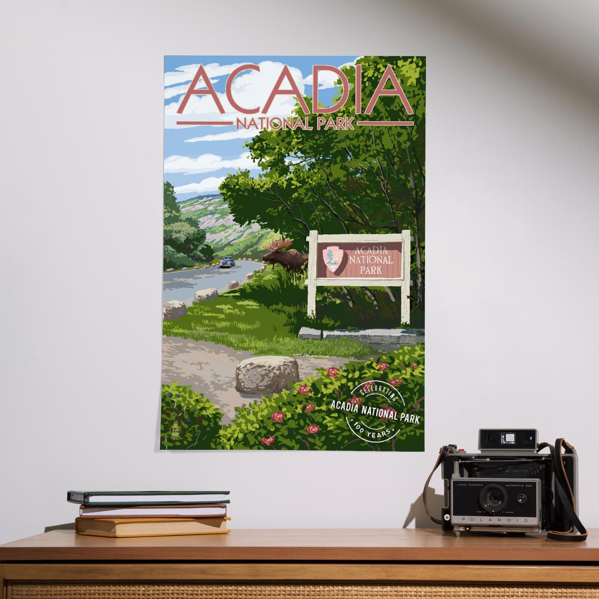 Lantern Press 16x24 Inch Giclee Print - Acadia National Park Landscape with Park Entrance Sign & Moose - Centennial Rubber Stamp Art - Perfect for Home Decor, Office Wall Art & National Park Enthusiasts