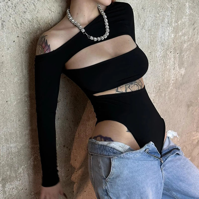 Sexy Black Asymmetrical Skinny Bodysuit for Women - Diagonal Collar Cut Out Catsuit Solid Jumpsuit | Club Party Outfit, Night Out Fashion, Date Night Look