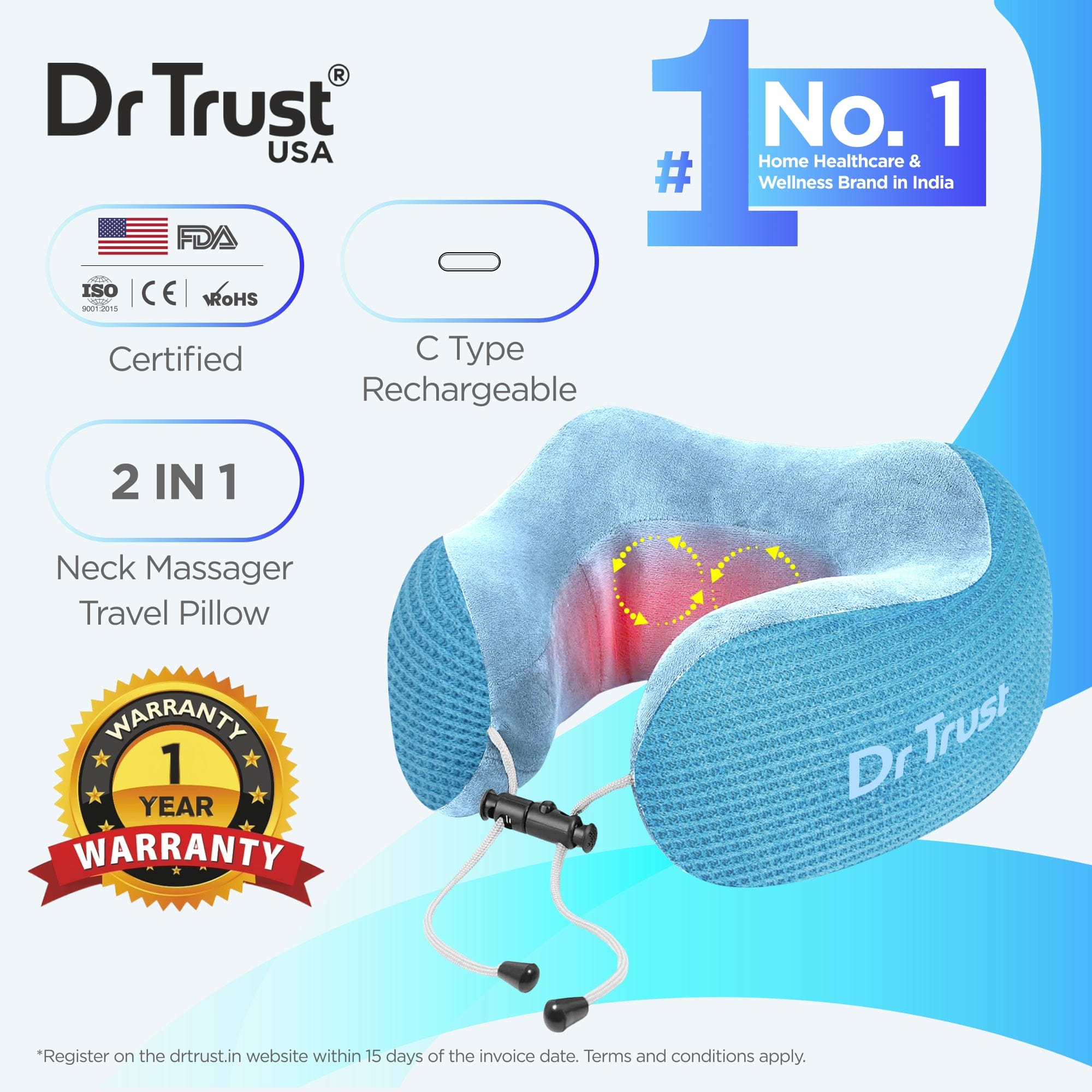 Dr Trust USA Cloudwalker Rechargeable Memory Foam Neck Pillow with Massage & Heat - Travel Pillow for Airplane, Train & Car - Pain Relief & Comfort Support for Sleeping While Traveling - Perfect for Long Flights, Road Trips & Commuting