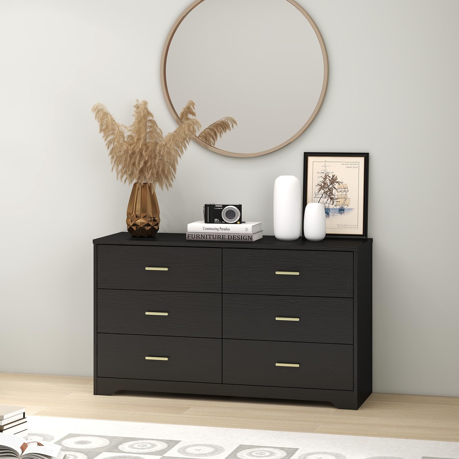 Modern 6-Drawer Wooden Dresser - Solid Wood Lateral Chest of Drawers with Wide Storage Drawers & Gold Metal Handles for Bedroom, Living Room, Hallway | Space-Saving Storage Organizer for Clothes, Linens & Home Essentials