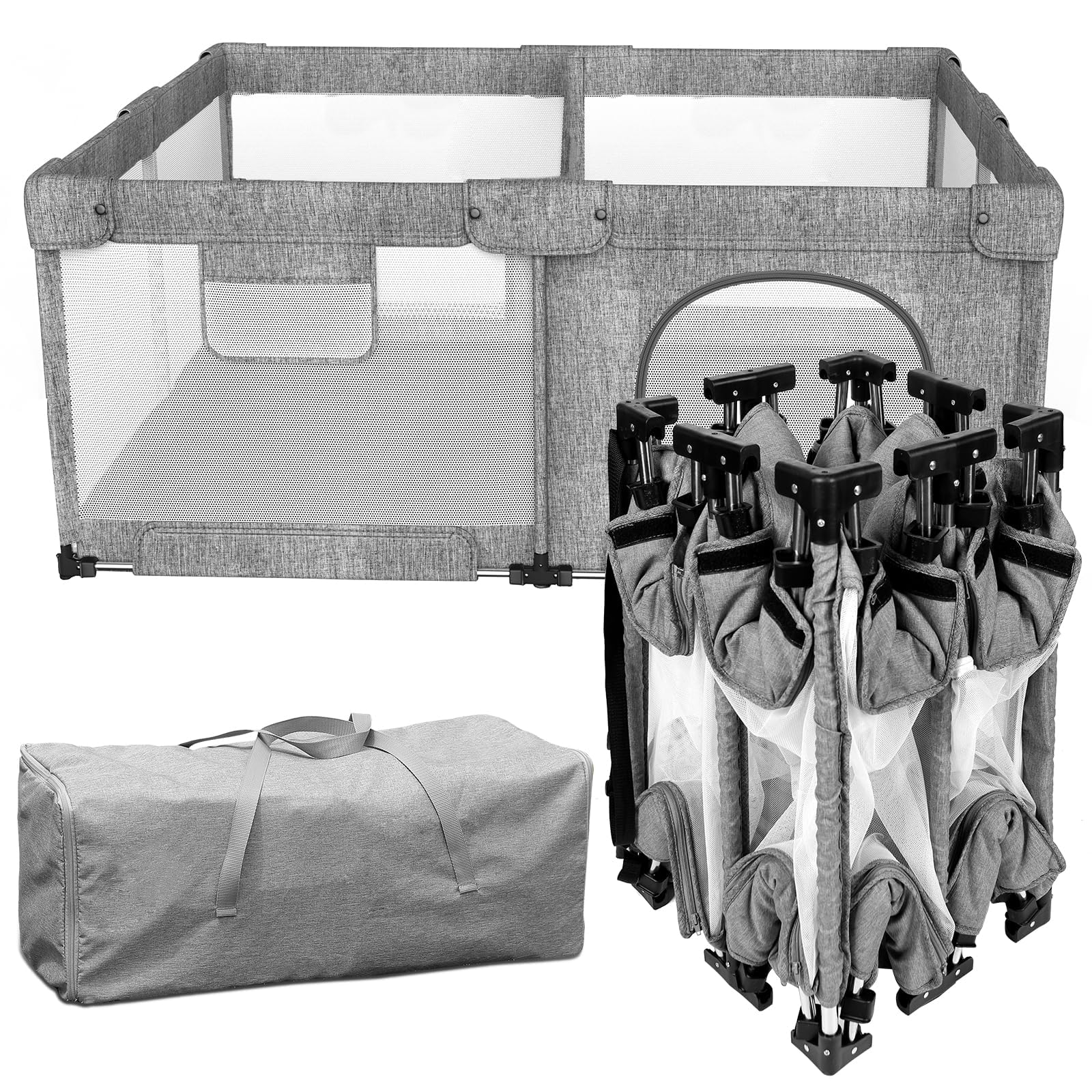 Foldable Baby Playpen with Gate - Extra Large Collapsible Play Yard for Babies & Toddlers - Portable Travel Playpen - Baby Activity Center for Indoor & Outdoor Use - Safe Play Area for Home, Travel & Park (Grey, 51