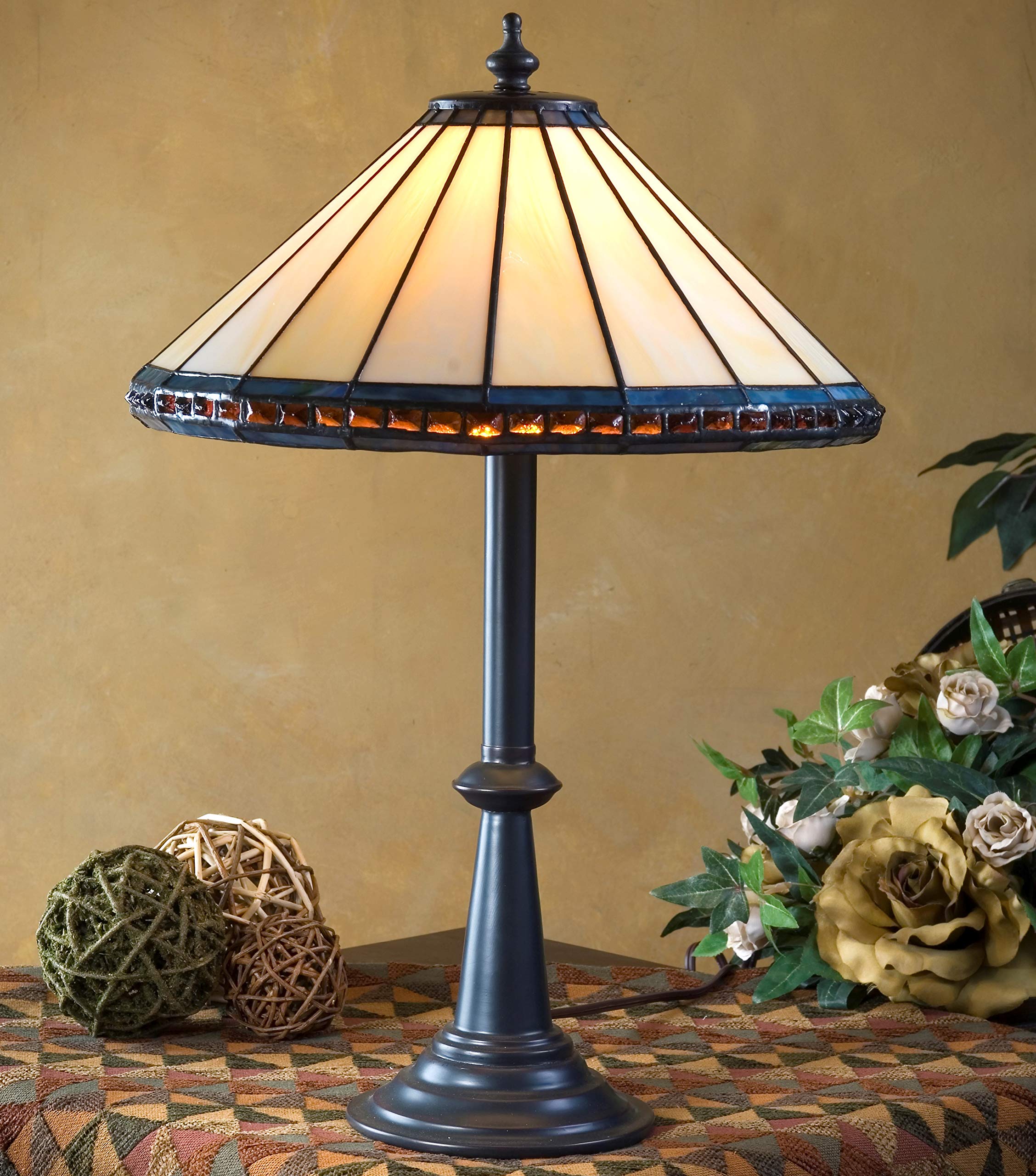 Small Tiffany Stained Glass Table Lamp - Ivory Blue Amber J Devlin Lam 646 TB for Desk, Bedroom, Nightstand & Living Room | Elegant Home Decor Accent Lighting for Reading & Relaxation