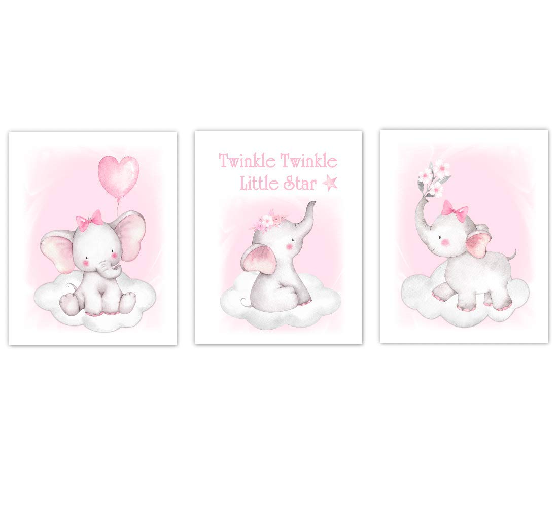 Watercolor Pink Elephant Nursery Wall Art - 3 Unframed Prints for Baby Girl Room Decor, Shower Gift & Kids Bedroom Pictures | Perfect for Nursery Themes, Birthday Presents & Gender Reveal Parties