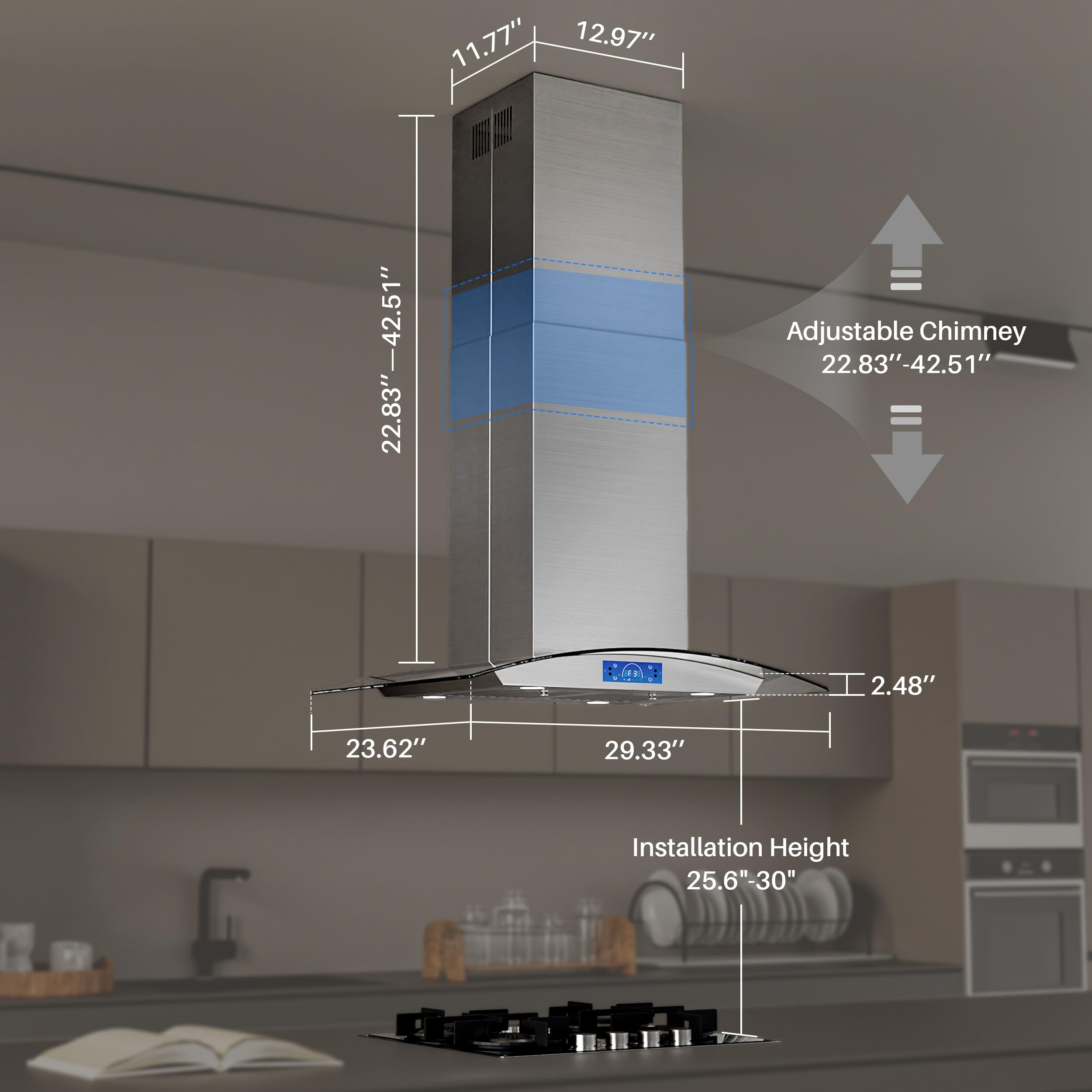**FIREGAS 30-Inch Island Range Hood 700 CFM - Stainless Steel Chimney Mount Kitchen Vent Hood with Tempered Glass, 4 LED Lights, Permanent & Charcoal Filters, Touch Control Panel - Perfect for Open Kitchen & Modern Home Cooking**