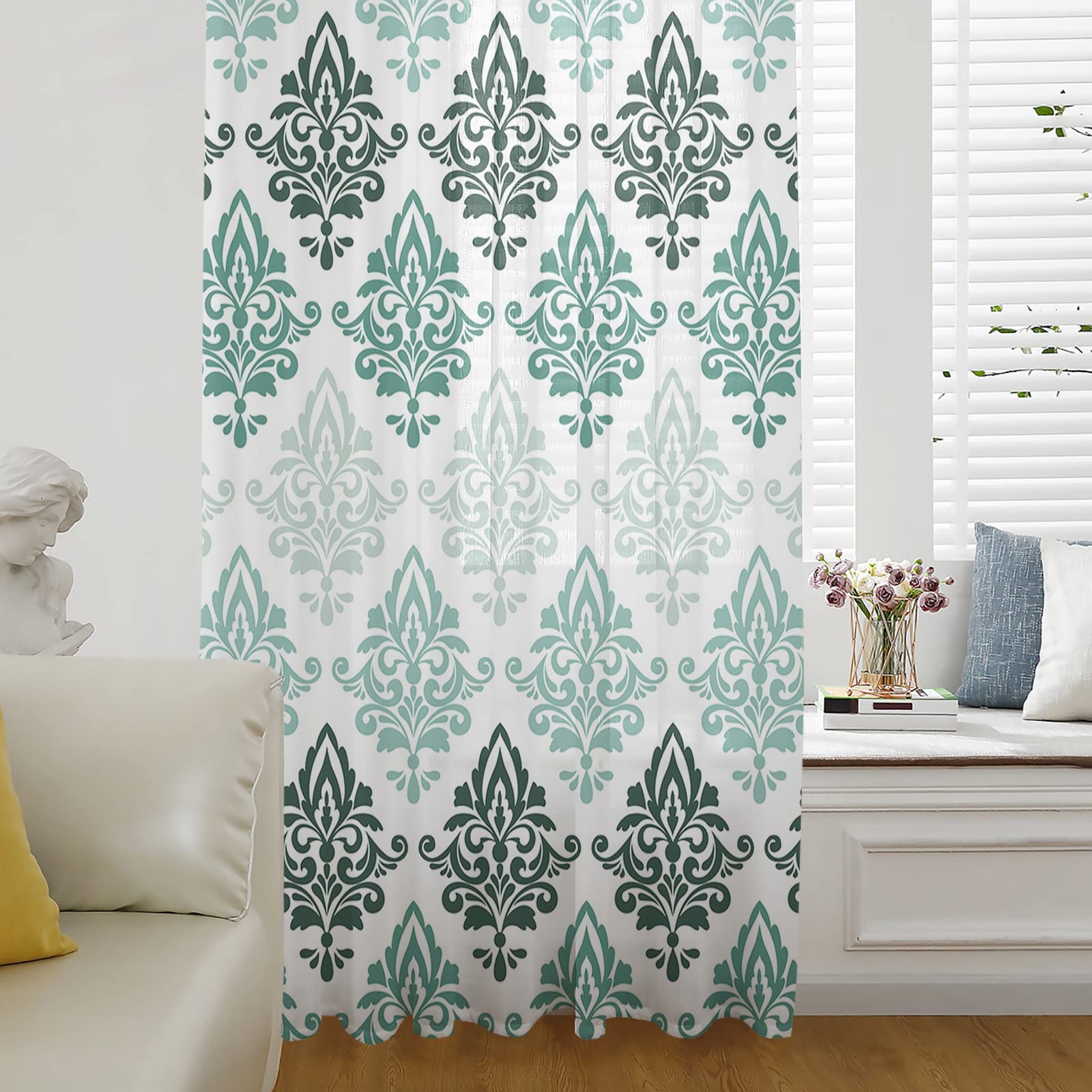 Geometric Turquoise Semi-Sheer Curtains 84 Inches Long - Contemporary Floral Paisley Moroccan Design for Living Room, Bedroom & Kitchen - Lightweight Chiffon Voile Window Drapes with Pocket Rod | Perfect for Modern Home Decor & Sunlight Filtering