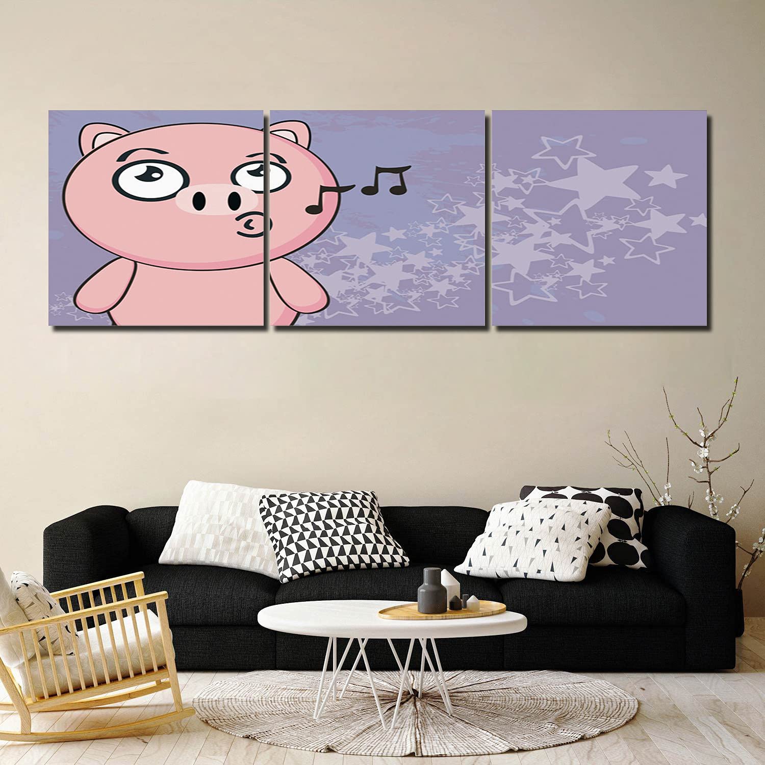 3 Panel Canvas Wall Art - Cartoon Pig Singing Painting Posters for Bedroom, Living Room & Office Decor (20
