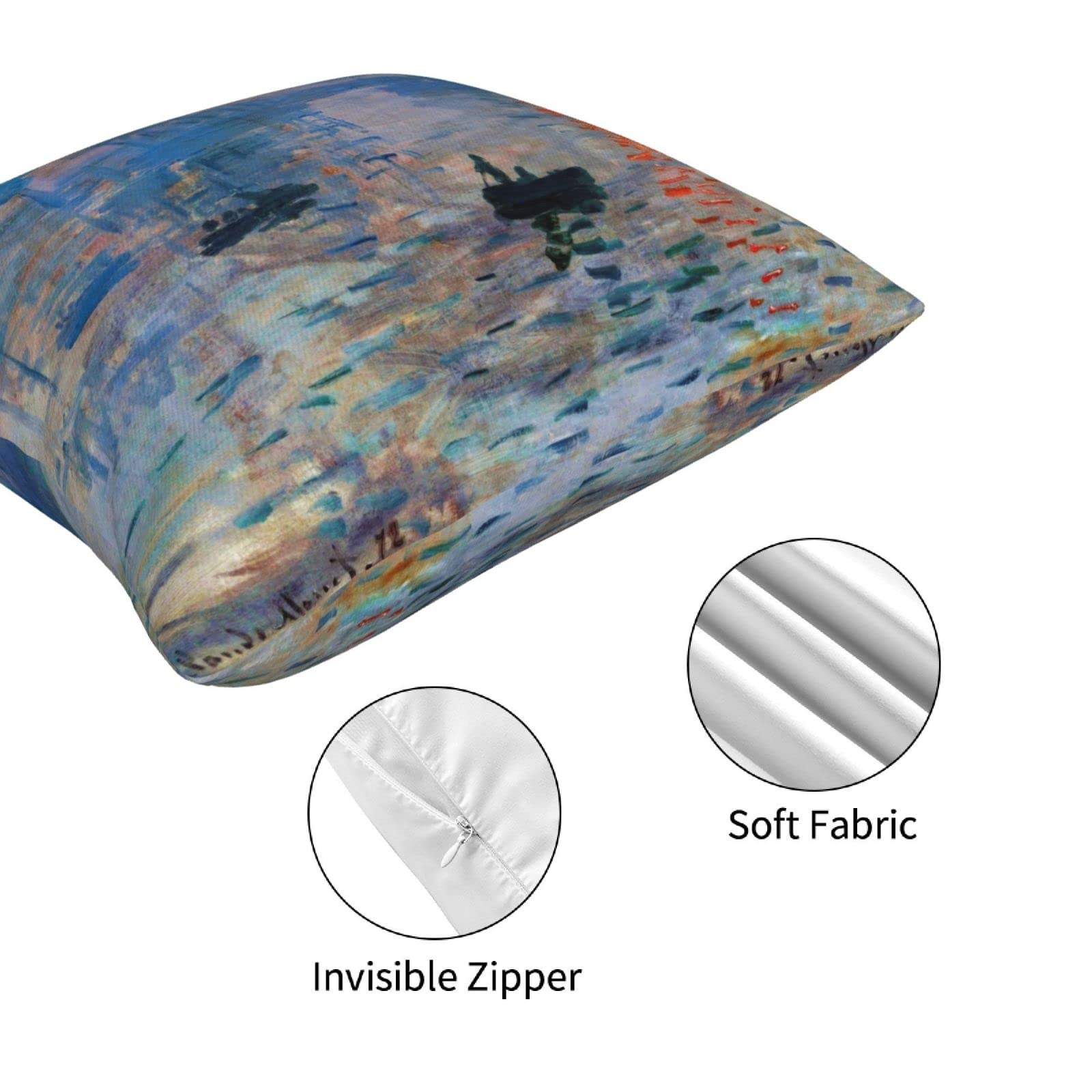 Claude Monet Impressionist Pillow Covers Set of 4 - 18x18 Inch Water Lilies & Sunrise Painting Cushion Cases for Living Room, Bedroom Decor