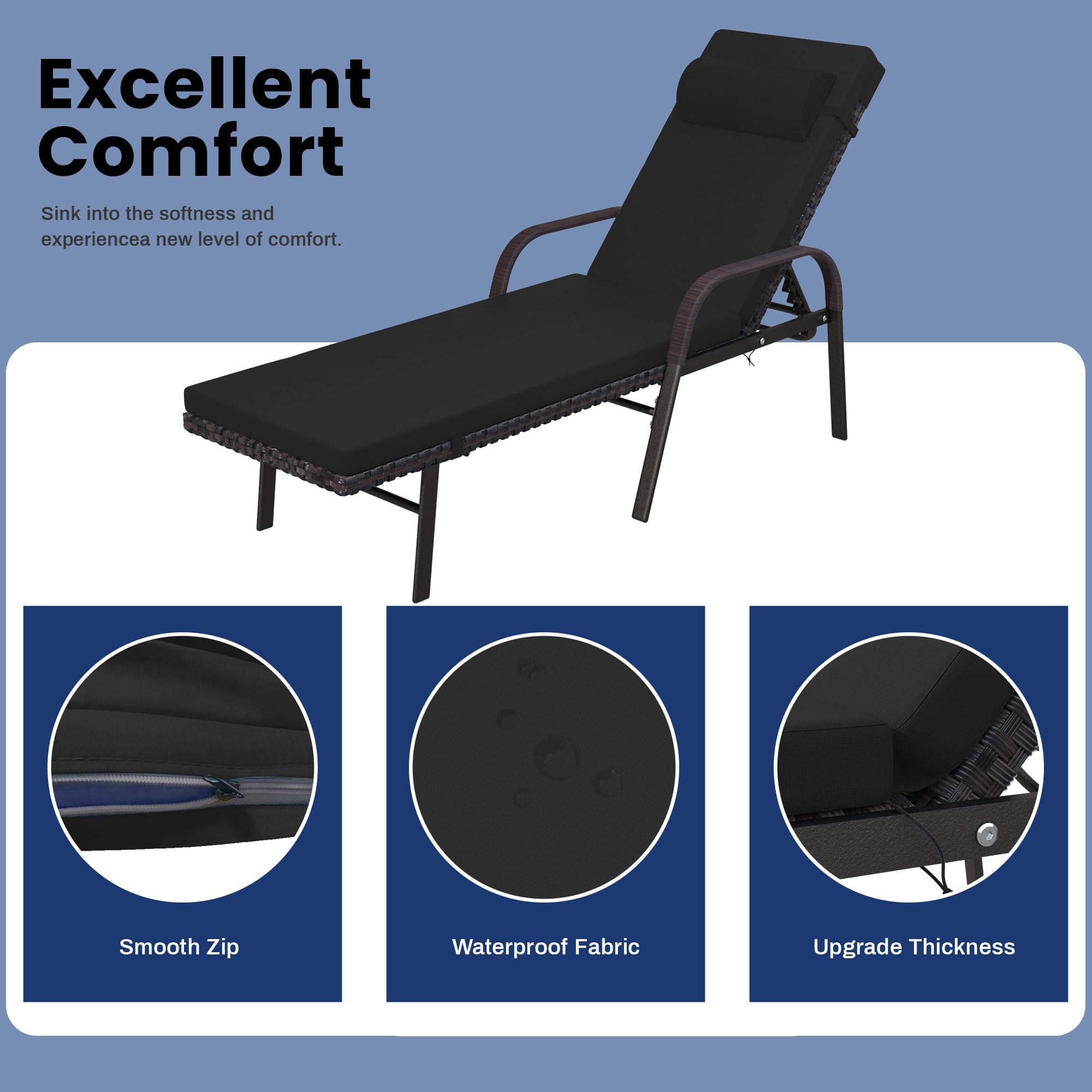 3-Piece Patio Chaise Lounge Set with Cushions - Adjustable Rattan Backrest Folding Pool Chairs & Side Table - Outdoor Furniture for Poolside, Porch, Deck, Garden Relaxation (Black)