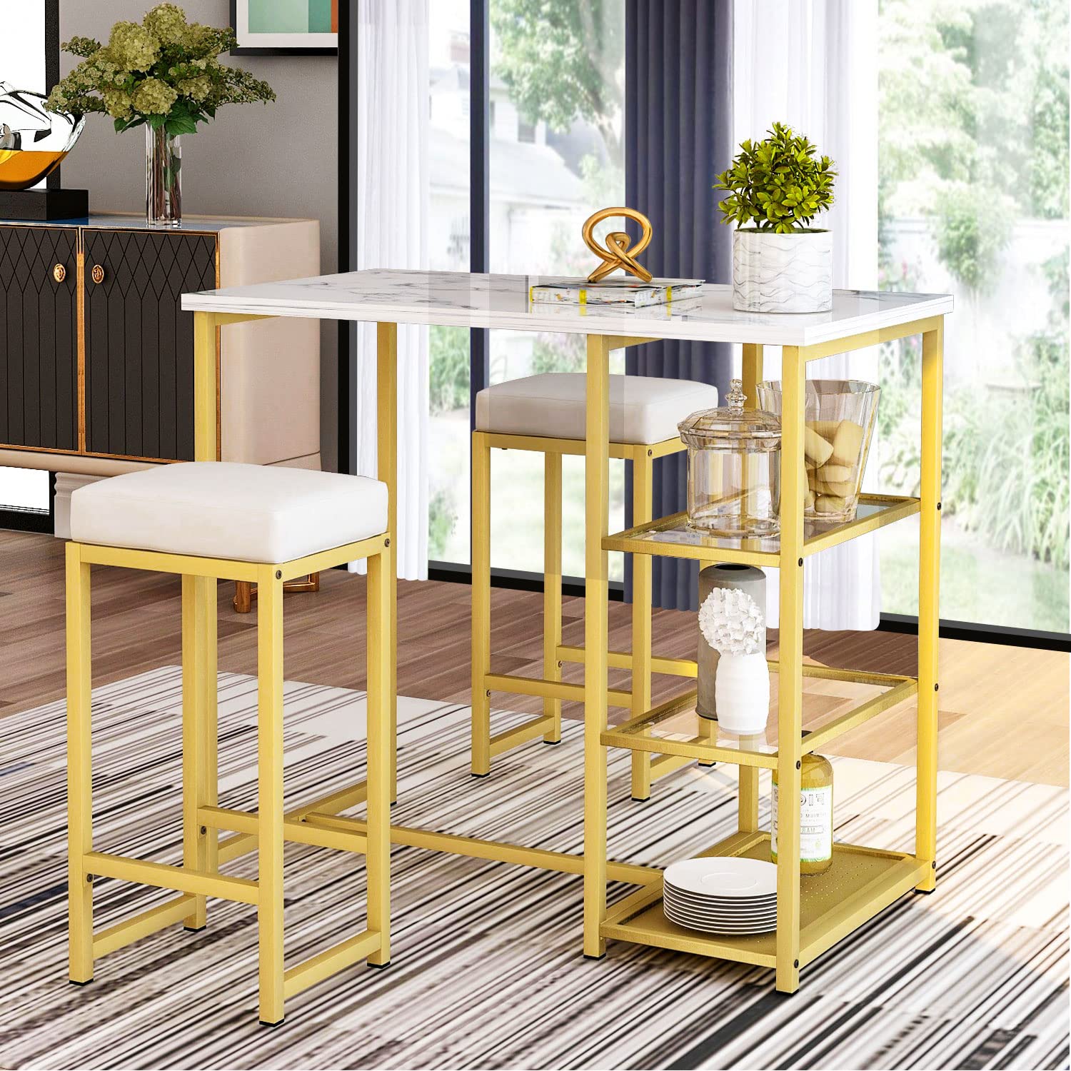 Modern 3-Piece Bar Table Set with 2 PU Stools & Storage Shelves - Counter Height Pub Dining Table for Small Spaces - Perfect for Kitchen, Breakfast Nook & Apartment Entertaining