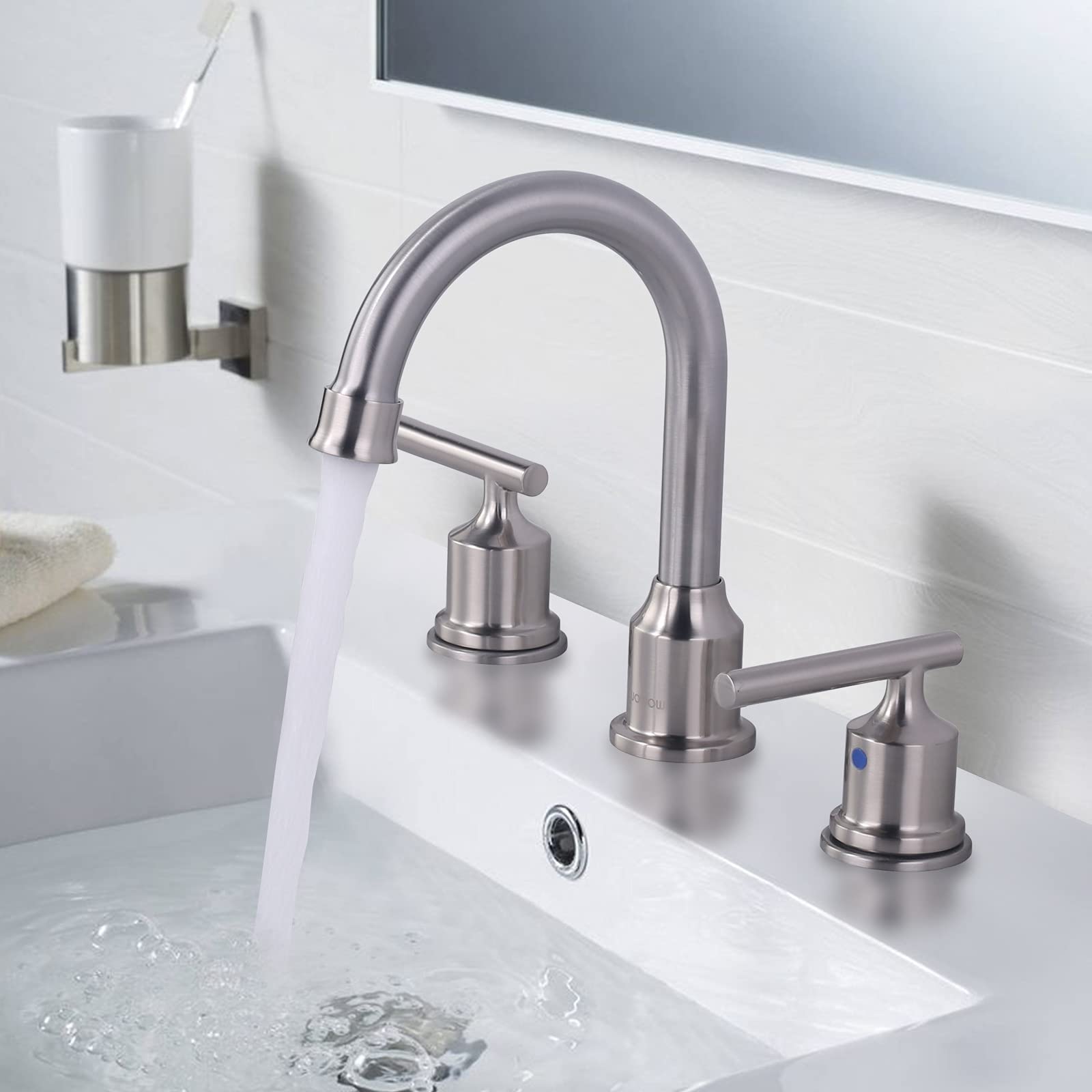 WOWOW 8 Inch Brushed Nickel Bathroom Sink Faucet - 2 Handle 3 Hole Deck Mount Brass RV Faucet with Drain - Perfect for Vanity, Guest Bath & Tiny Home Installations