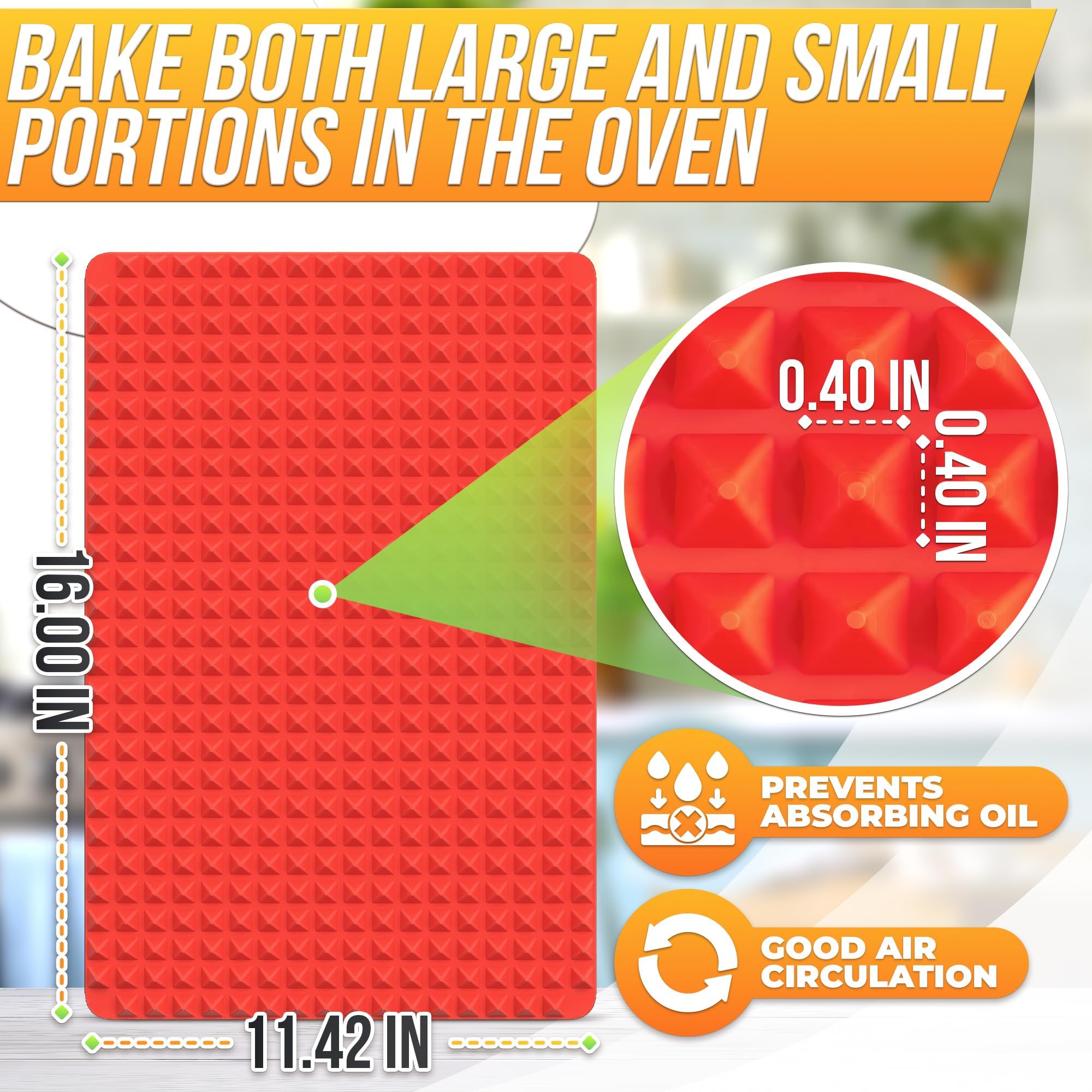 Non-Stick Silicone Baking Mat 16x11.5 Inches - Food Grade Oven & Microwave Safe Cooking Mat with Red Pyramid Design for Roasting, BBQ, Pastry Making - Fat Filtering, Flexible & Easy to Clean - Perfect for Baking Cookies, Roasting Vegetables & Cooking Bacon