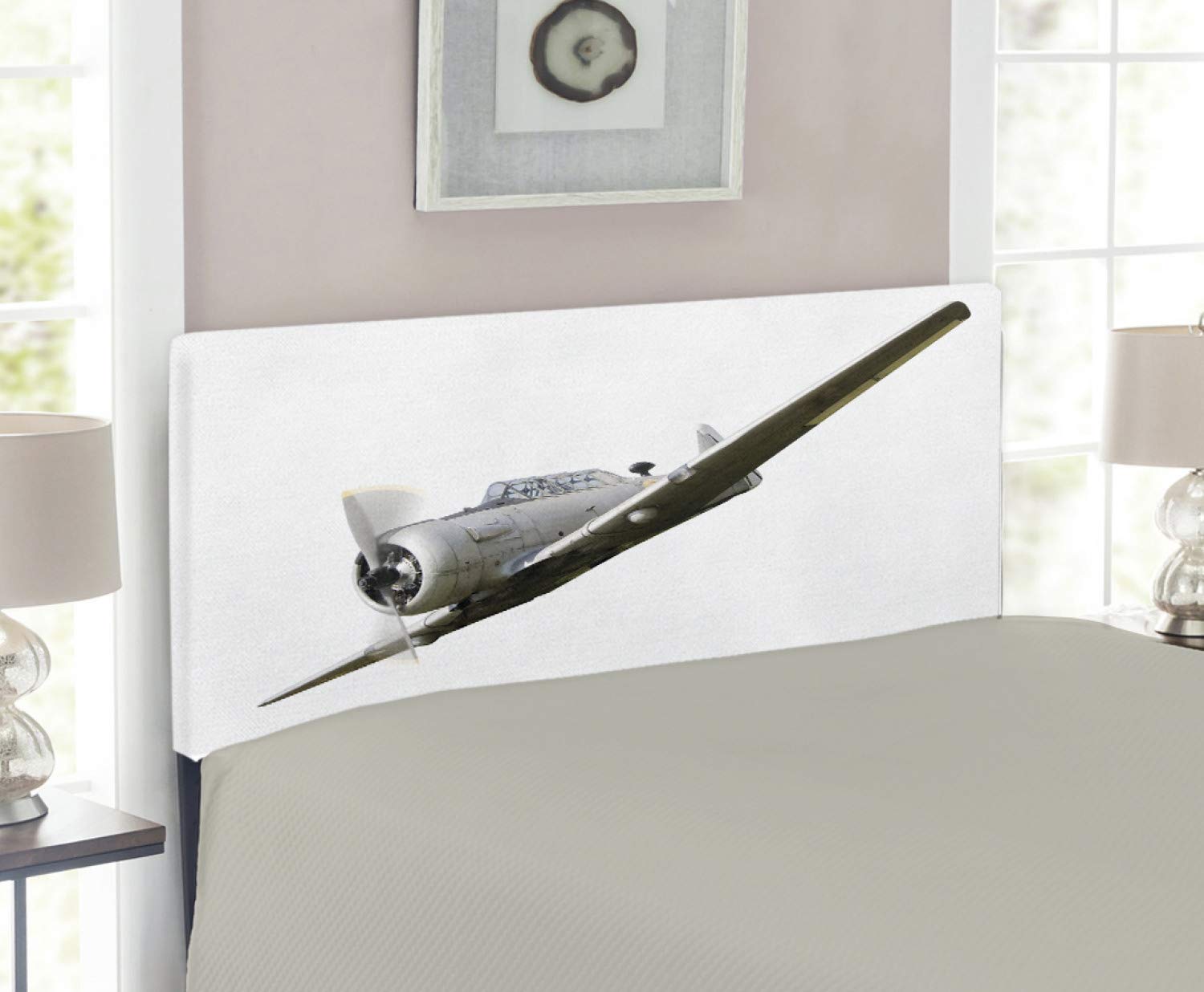 **Vintage Airplane Headboard for Twin Bed - Ambesonne Upholstered Decorative Metal Headboard with Memory Foam | Historical 1920s Aircraft Design in Grey & White | Perfect for Kids Room, Aviation Theme Bedroom & Vintage Decor**
