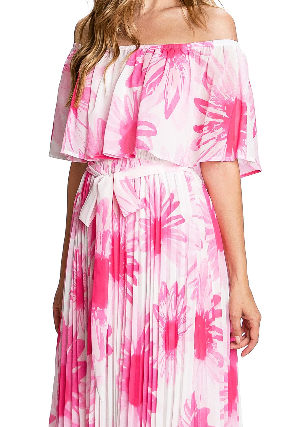 Flying Tomato Off Shoulder Neon Floral Pleated Maxi Dress - Women's Summer Beach Party Dress for Vacations & Night Out