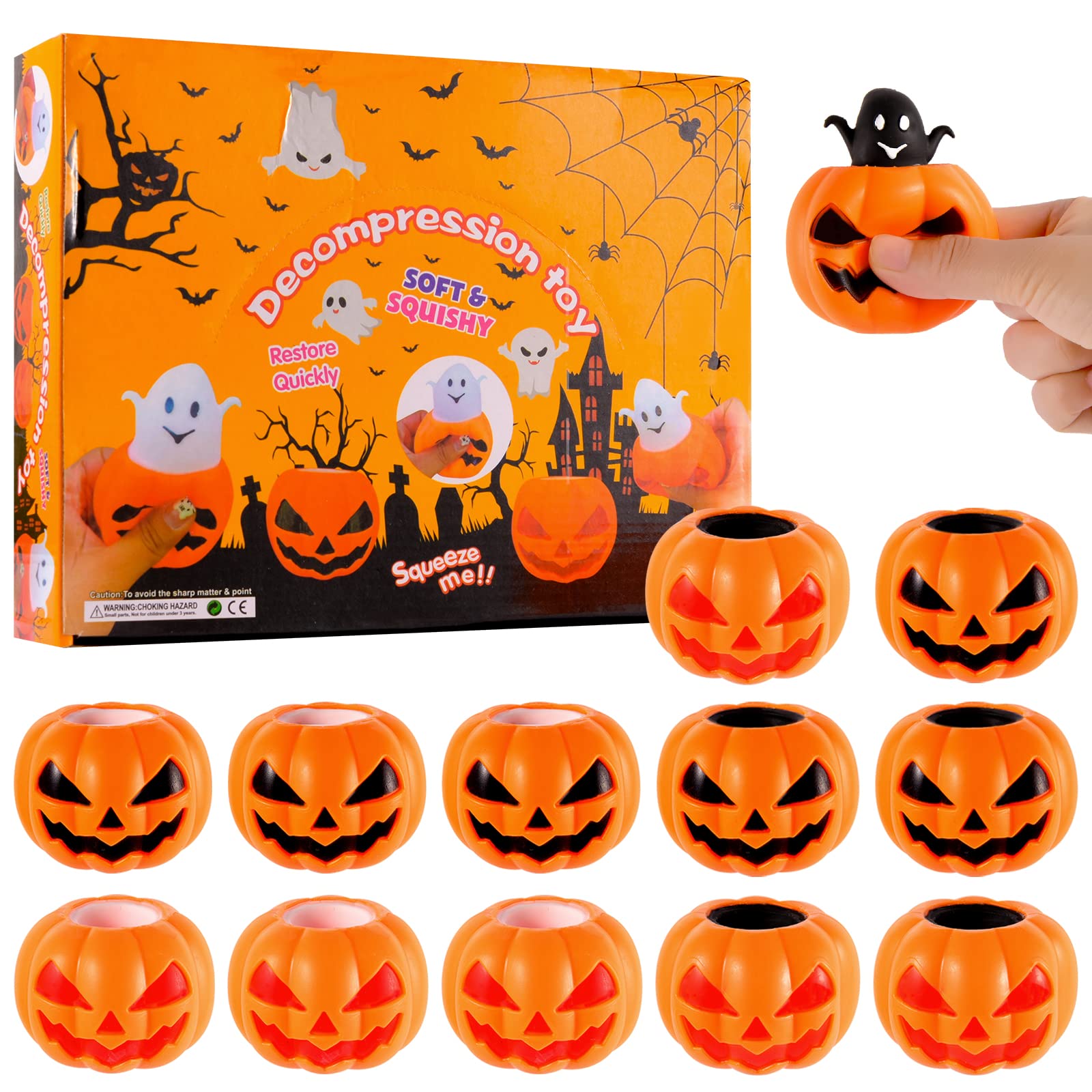 12 Pack Halloween Pumpkin Stress Relief Toys - Squeeze Sensory Fidget Balls for Kids, Ghost Party Favors & Gifts for Boys & Girls - Perfect for Halloween Parties, Classroom Prizes & Anxiety Relief