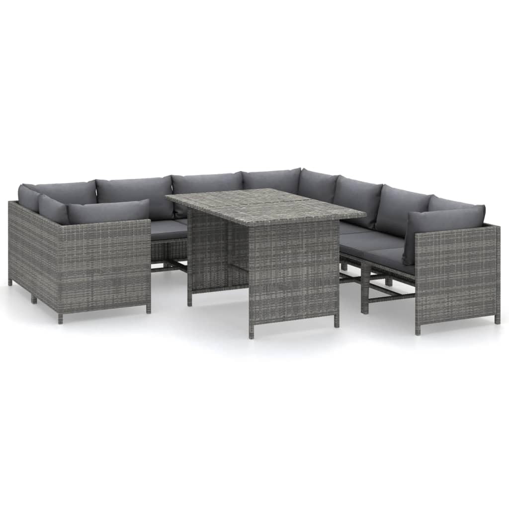 vidaXL 9-Piece Gray Poly Rattan Patio Lounge Set with Cushions & Dining Table - Farmhouse Style Modular Outdoor Furniture for Garden, Poolside & Backyard Relaxation