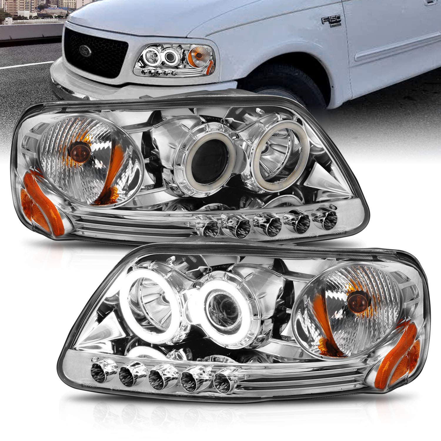 1997-2003 Ford F150 & Expedition Chrome Projector Headlights Assembly with Xtreme LED Halos - Replacement Headlights for F-Series (Passenger & Driver Side) - Perfect for Night Driving & Off-Road Adventures
