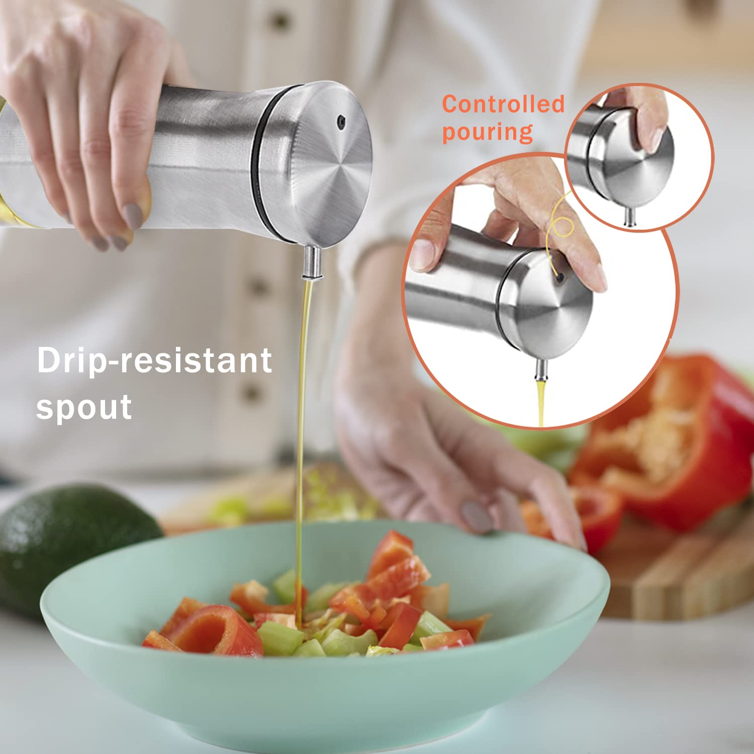 Premium Oil and Vinegar Dispenser Set with Caddy - 2 Pack No-Drip Glass Bottles for Kitchen, Home, Restaurants & Weddings - Perfect for Salad Dressing, Cooking Oil & Balsamic Vinegar