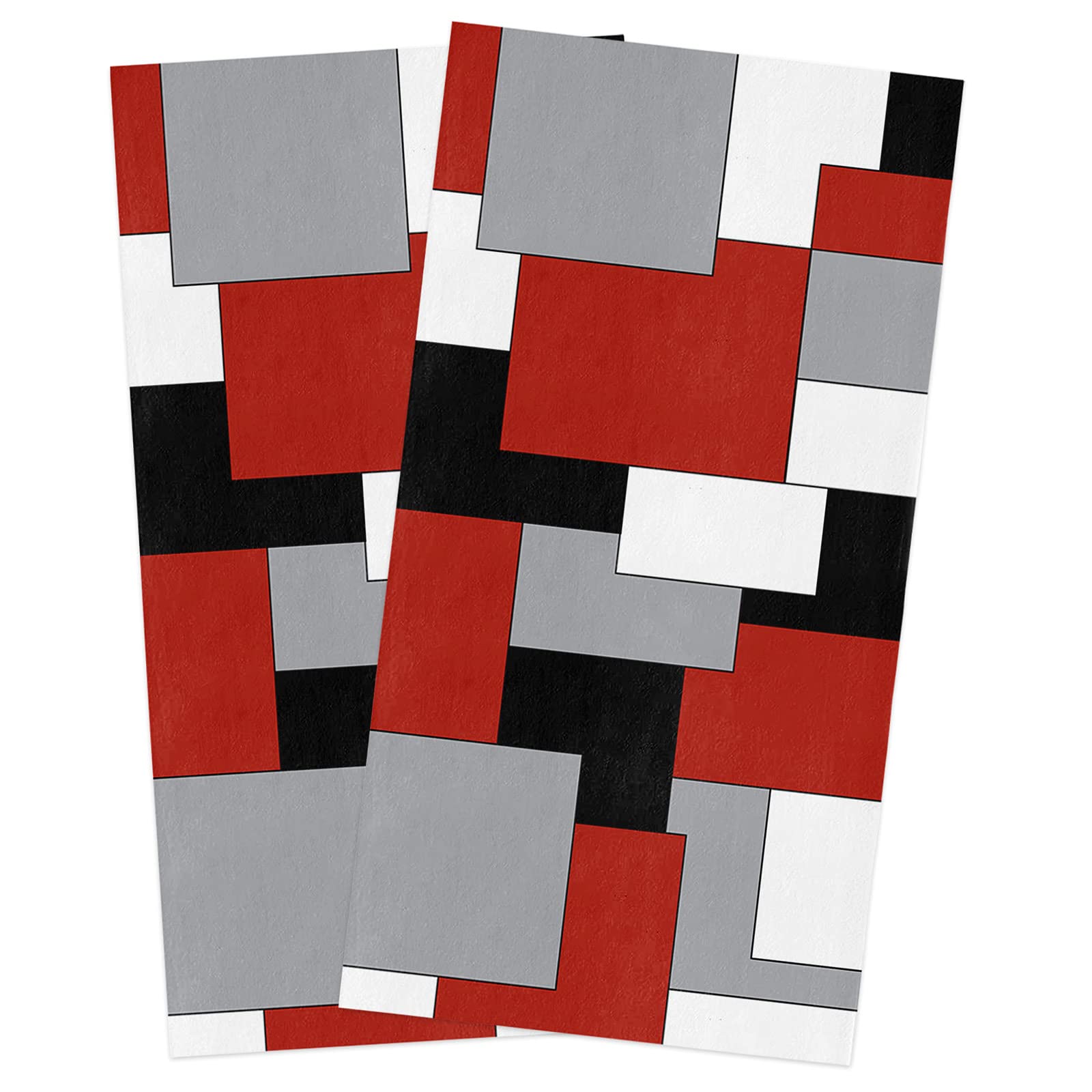 Geo Kitchen Towels - 2 Pack Soft Cotton Dish Cloths (16x28 Inches) | Abstract Geometric Pattern in White, Grey, Black & Red | Multipurpose Tea Towels, Bar Towels & Hand Towels for Kitchen, Dining & Bar Use