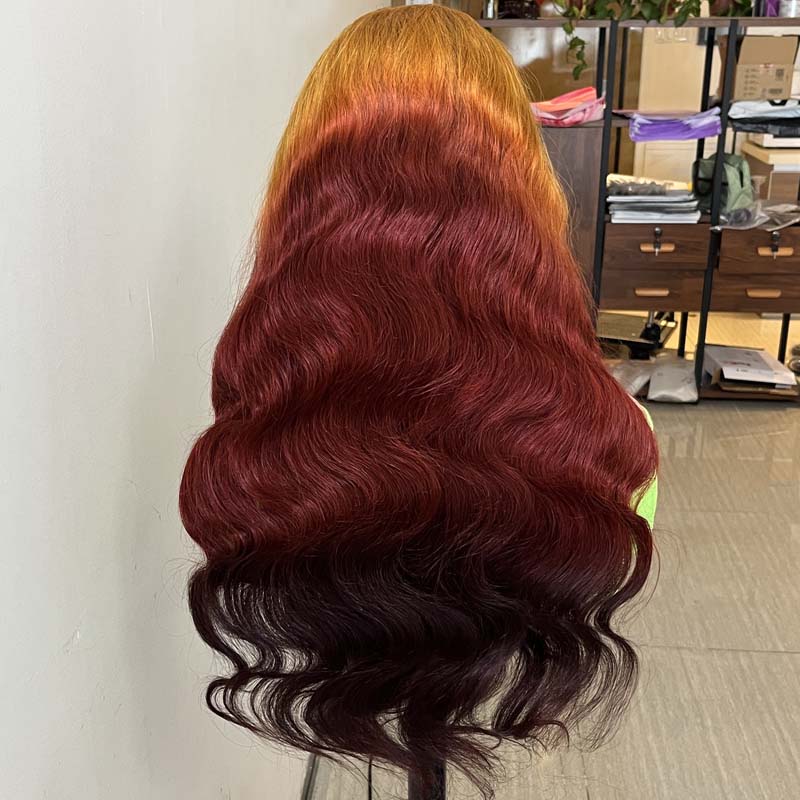 Eullair Flawless Ombre Coral Orange Copper Brown Body Wave Human Hair Wig with Lace Frontal - Sunset Copper Brown for Daily Wear, Parties & Special Occasions